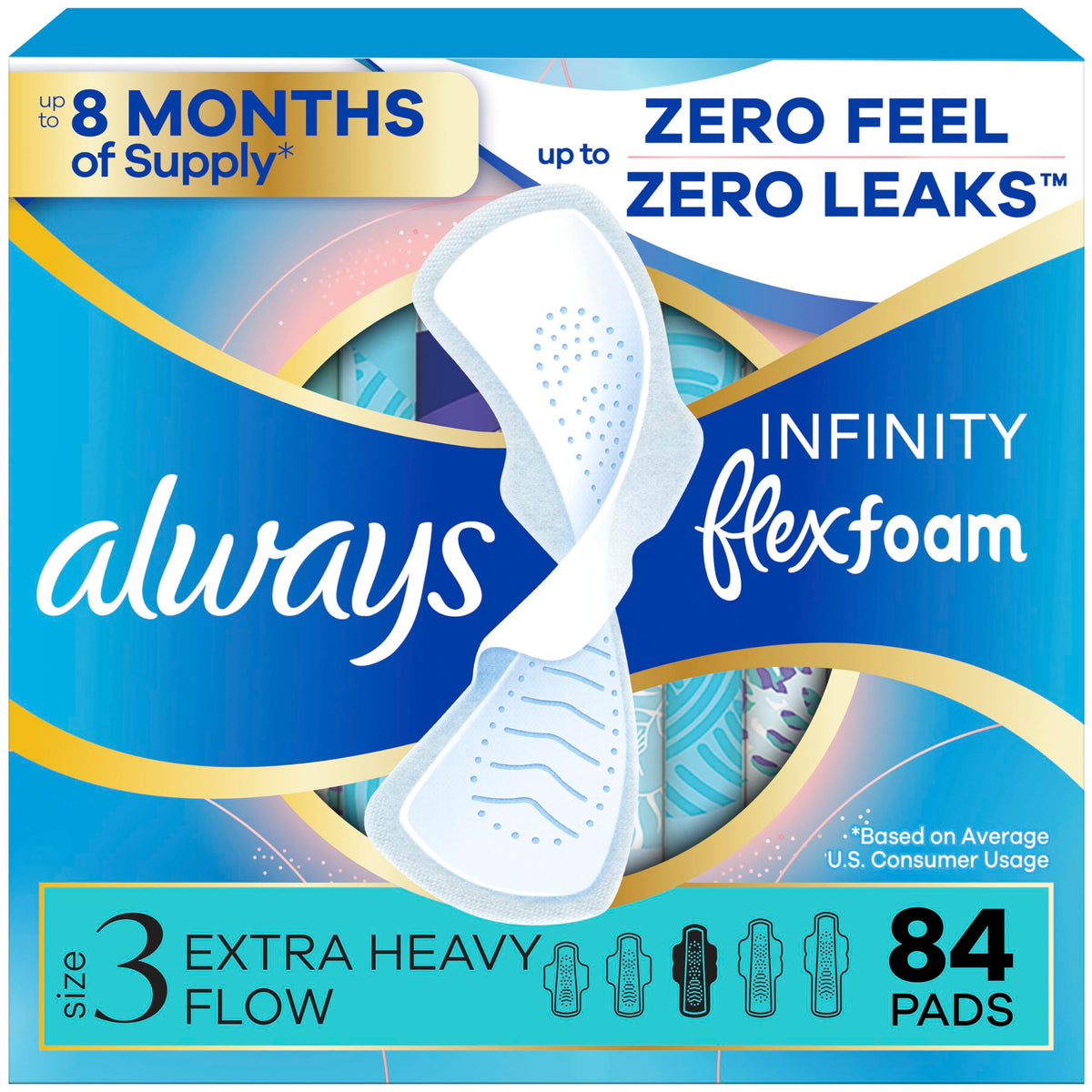 Always Infinity front packaging showing product and count, communicates reliable protection
