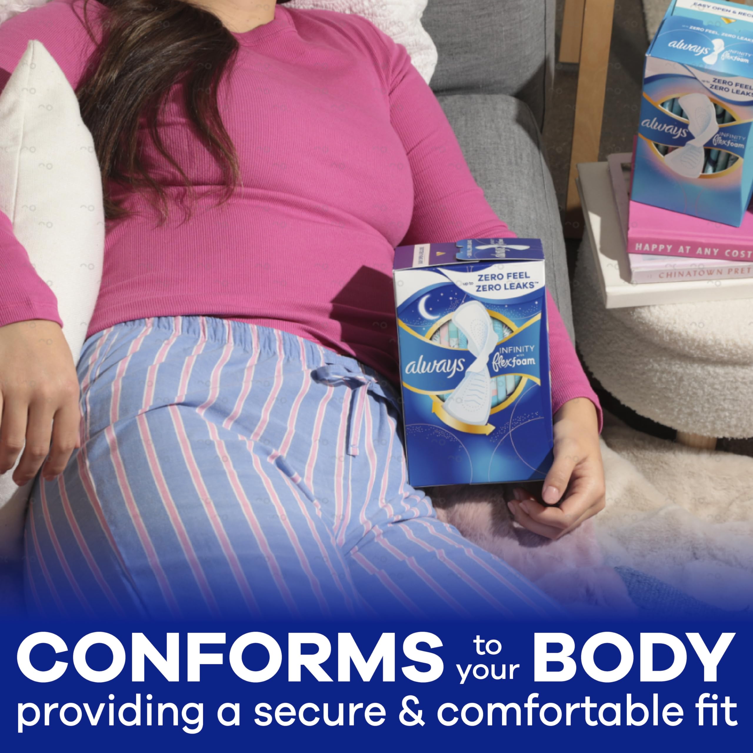 Always Infinity pad in underwear demo showing form-fitting comfort benefit