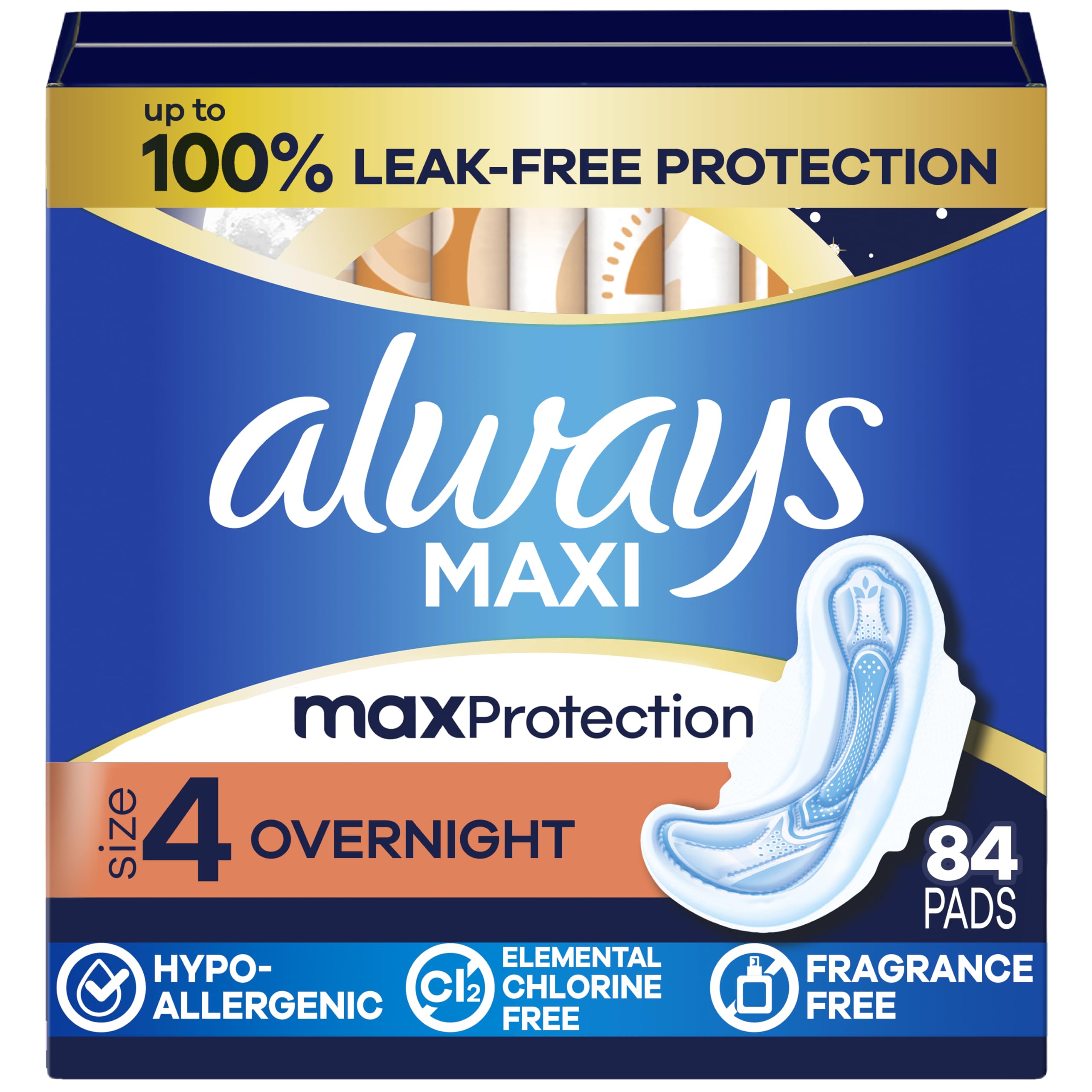 Always front packaging showing three 28-count packs for overnight convenience