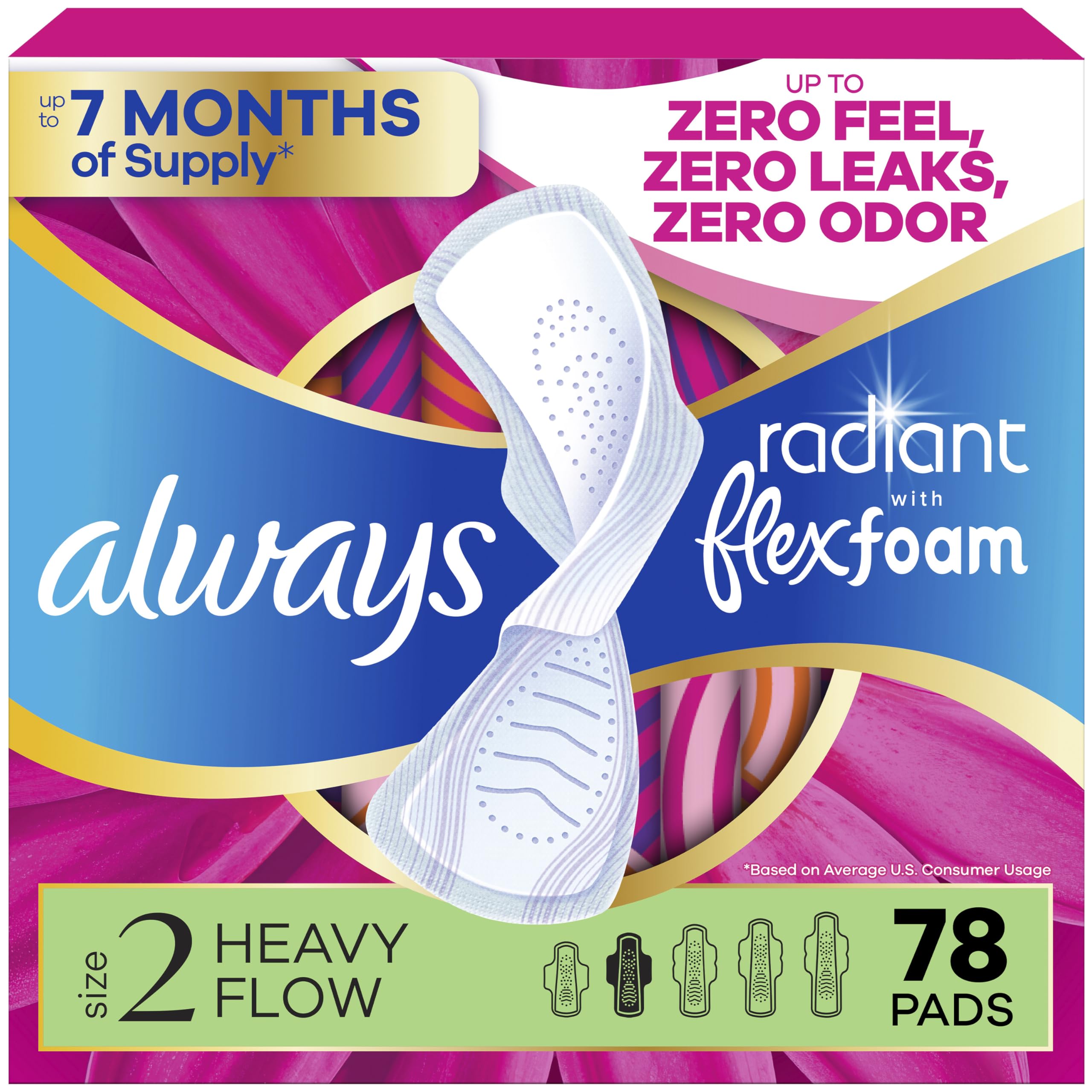 Always Radiant front packaging showing count and heavy absorbency benefit