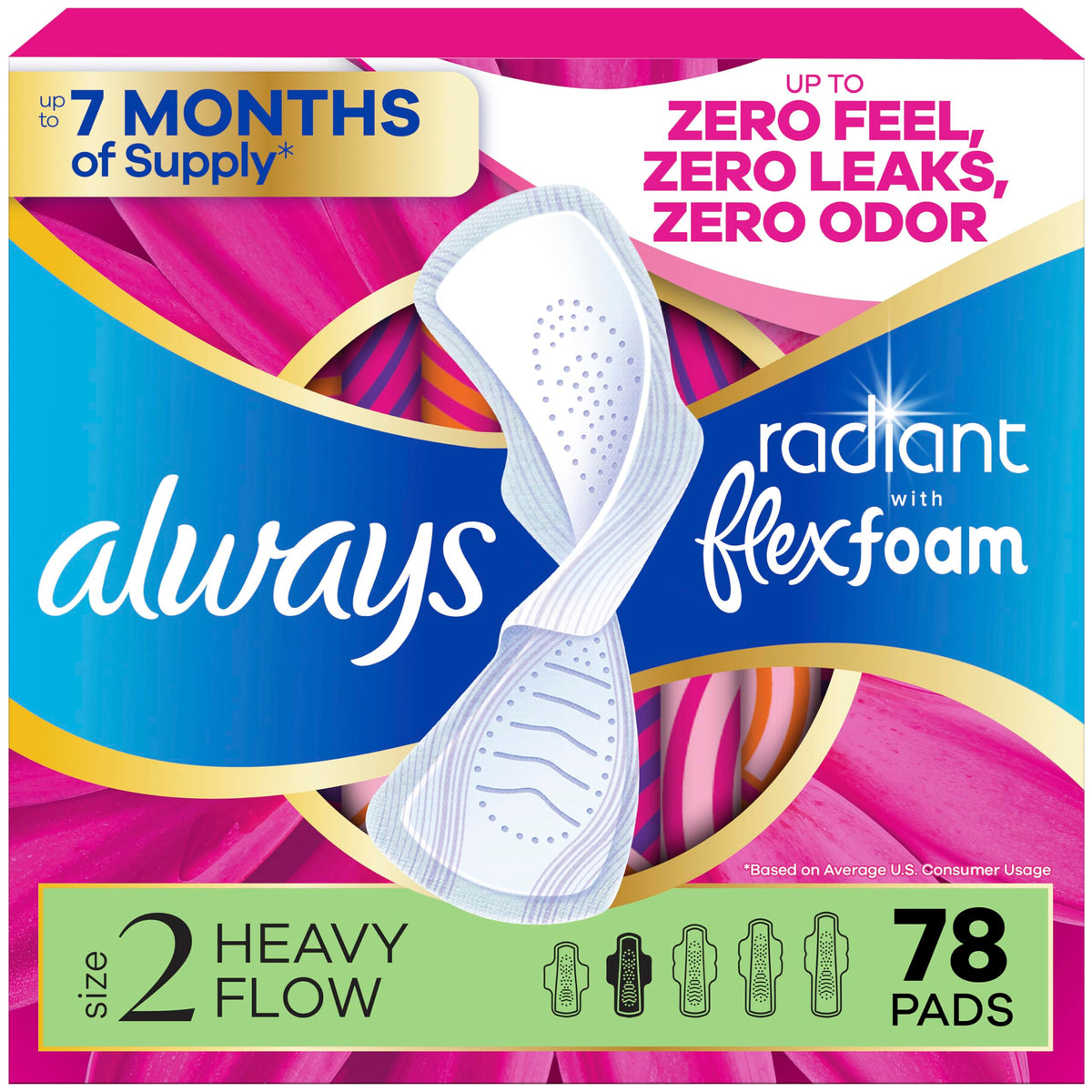 Always Radiant front packaging showing count and heavy absorbency benefit