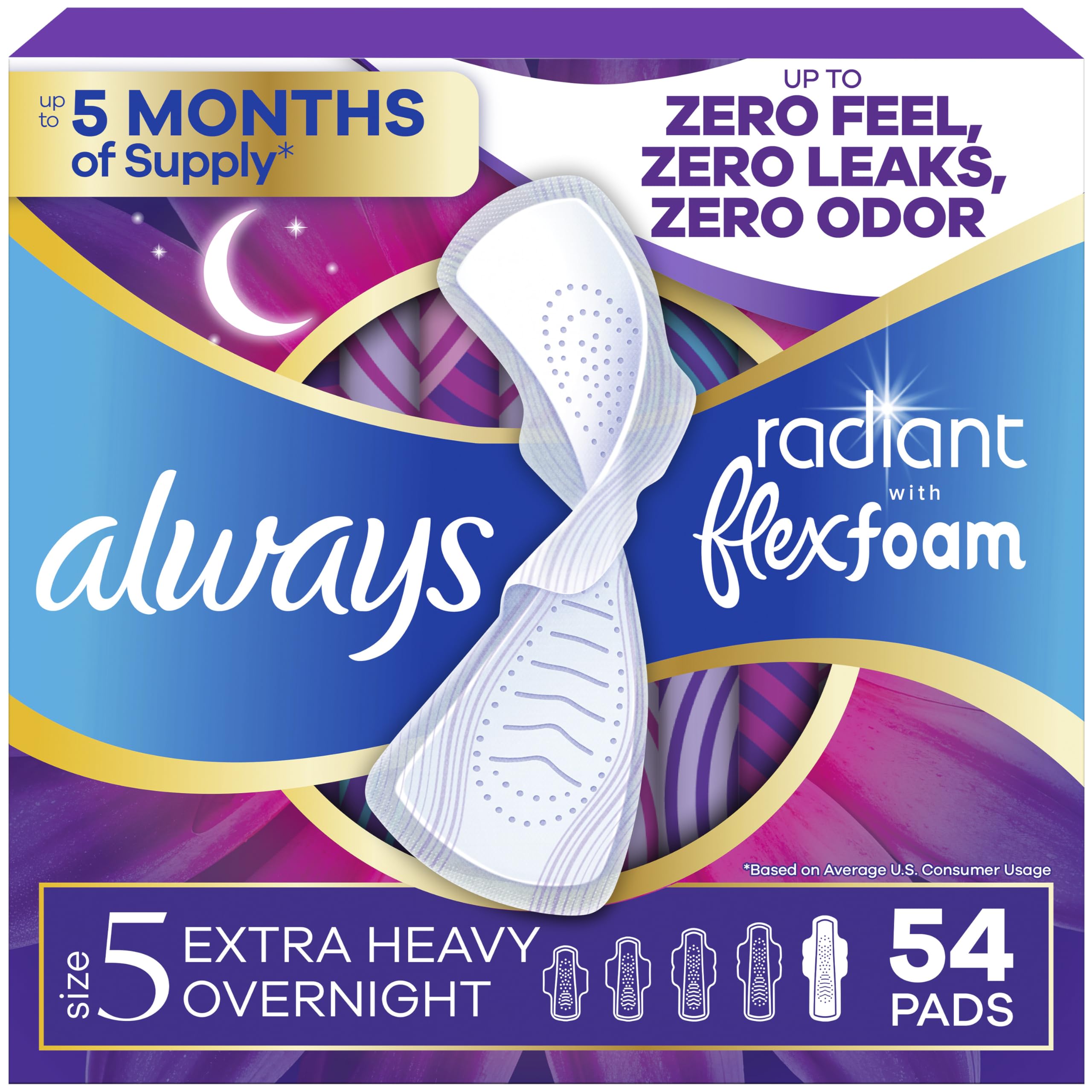 always radiant front packaging showing 54 count and overnight benefit
