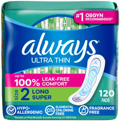 Always Ultra Thin front packaging showing size and count, convenient for stocking up