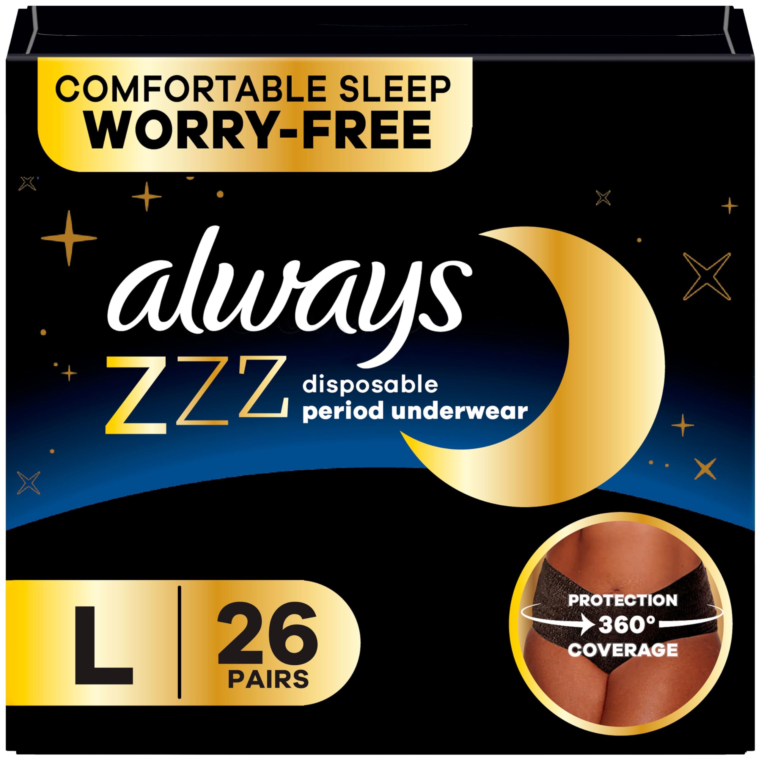 Always ZZZs front packaging showing size L and 26 count, ensures overnight protection