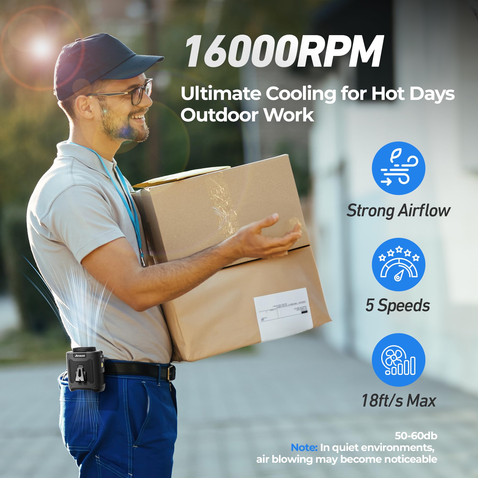 AMACOOL worn as neck fan with lanyard offering portable face cooling