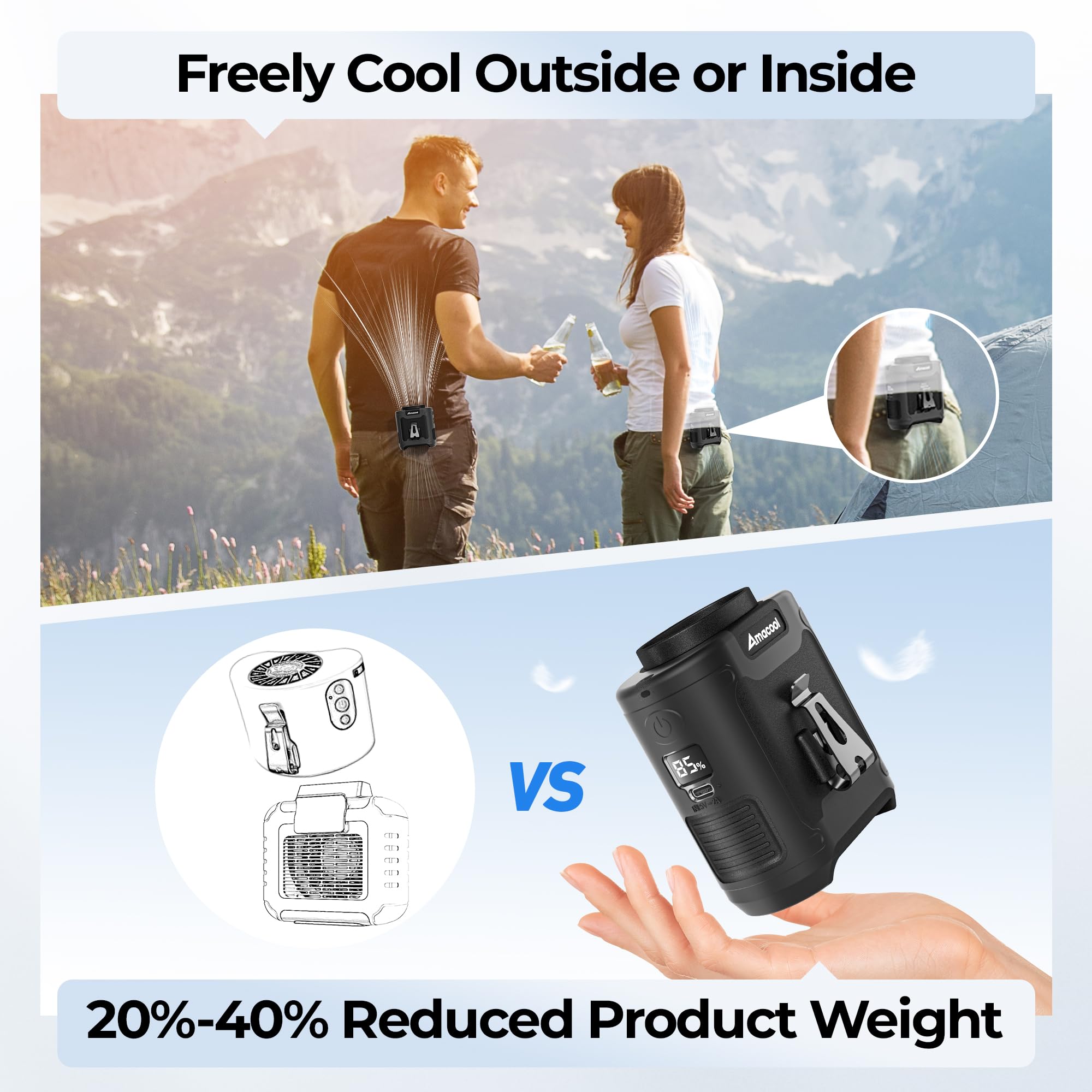 AMACOOL beside smartphone size comparison highlighting portable battery benefit