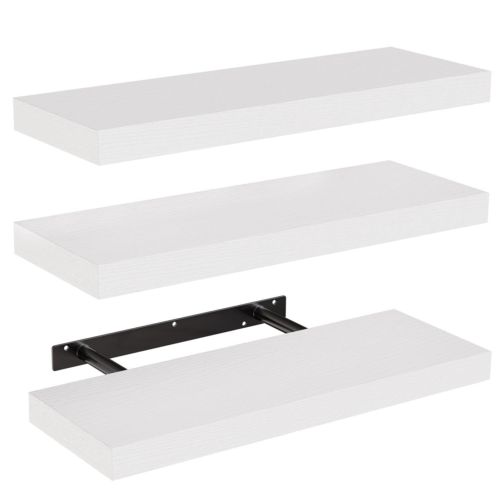 AMADA HOMEFURNISHING front view of three white floating shelves showing tidy display benefit