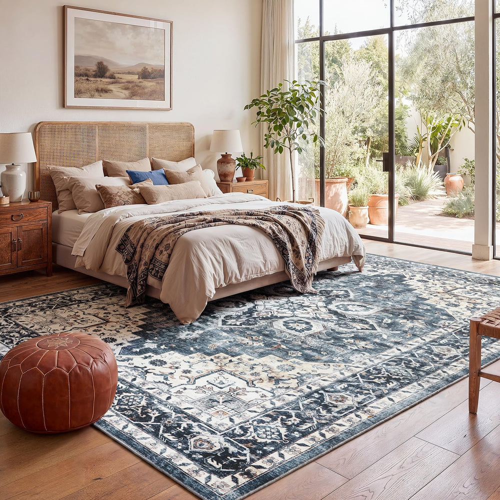AMADA HOMEFURNISHING rug corner flat lay showing low-profile, smooth finish