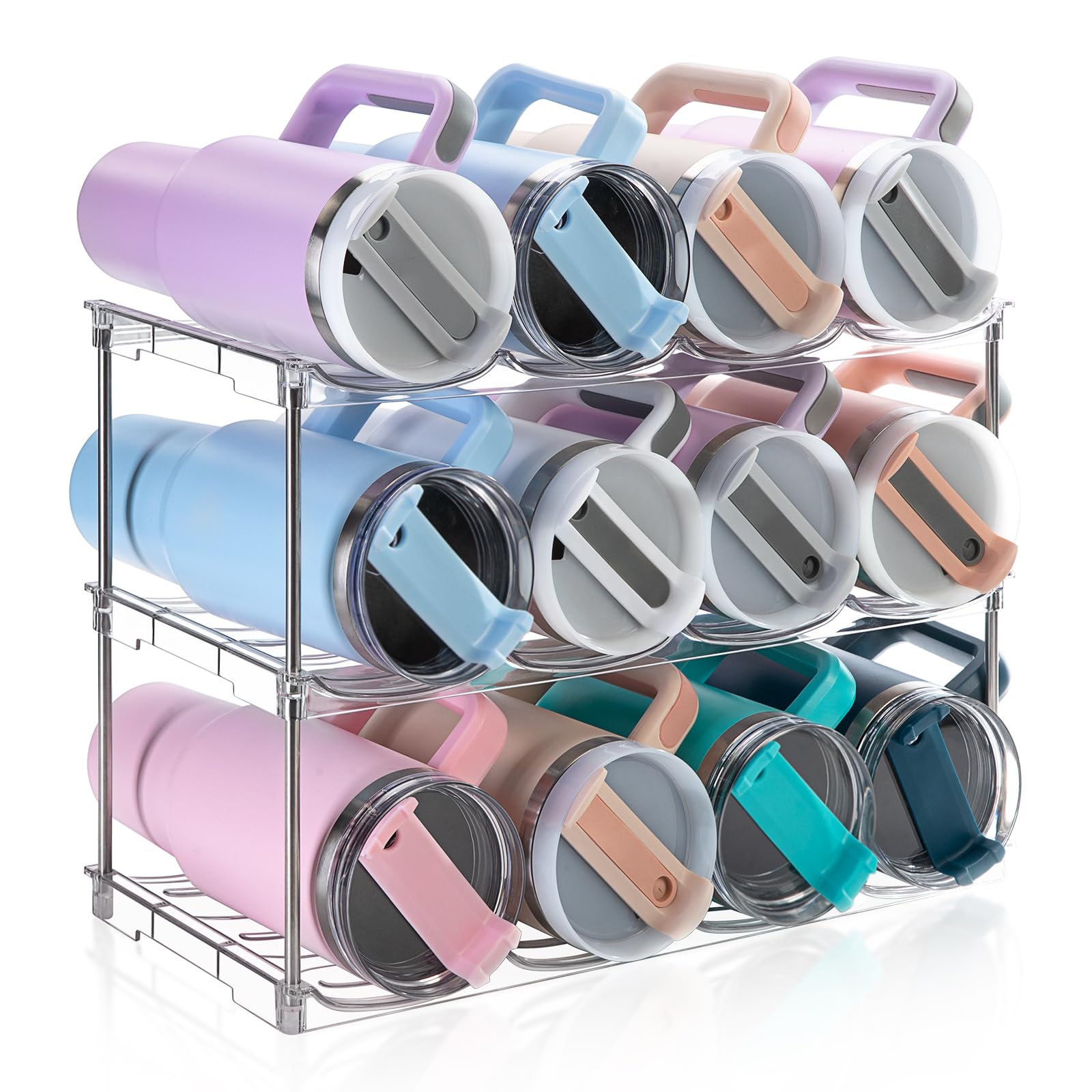 Amaoot front view of full rack holding 12 tumblers and saving cabinet space