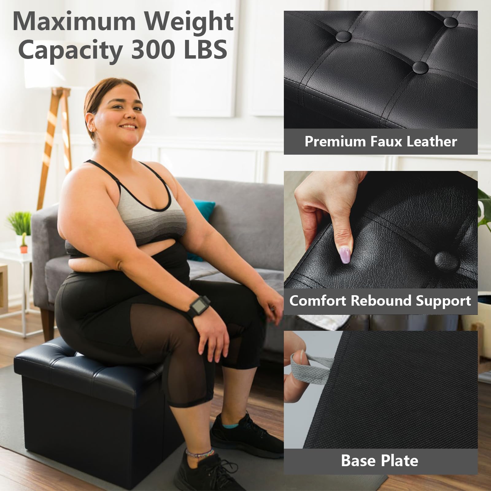 AmasSmile ottoman in a living room staging adds seating and tidy storage appeal