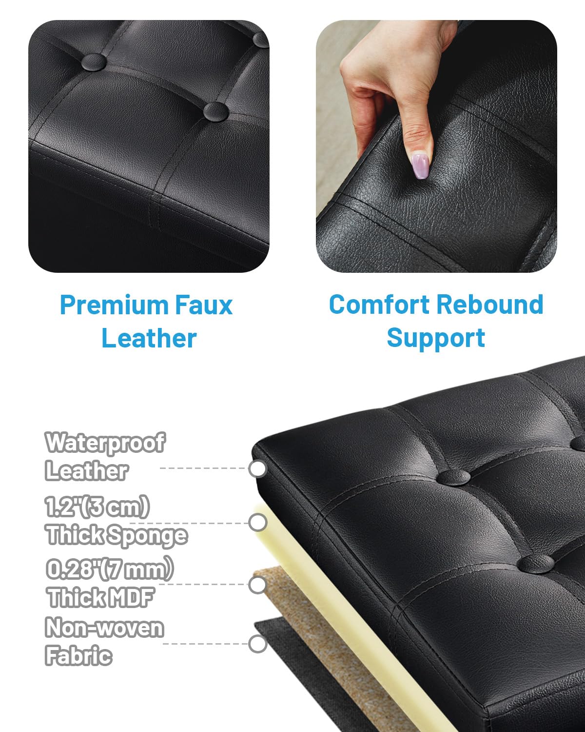 AmasSmile ottoman next to chair for scale showing compact footprint and versatility