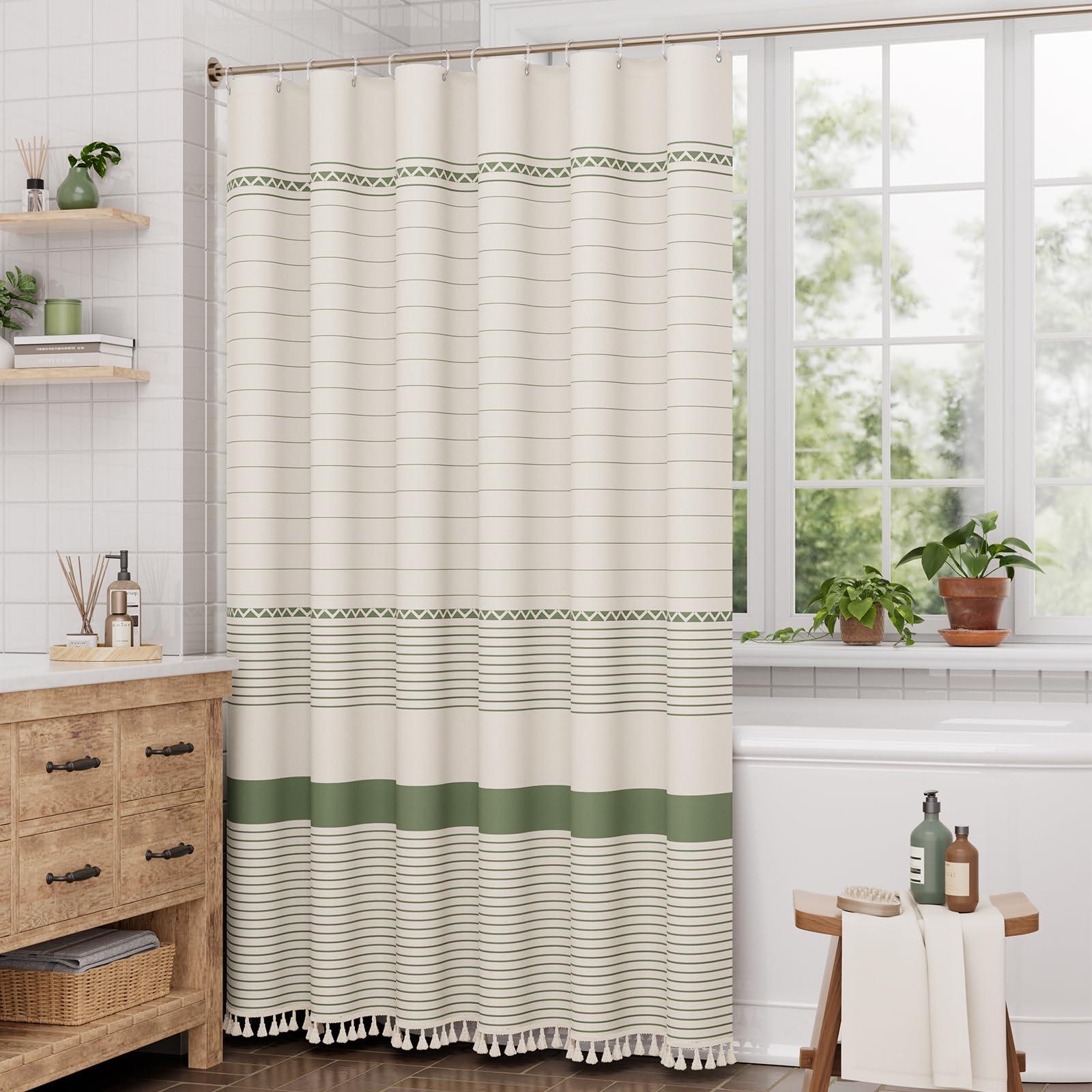 AmazerBath folded curtain with label showing easy storage and care benefit