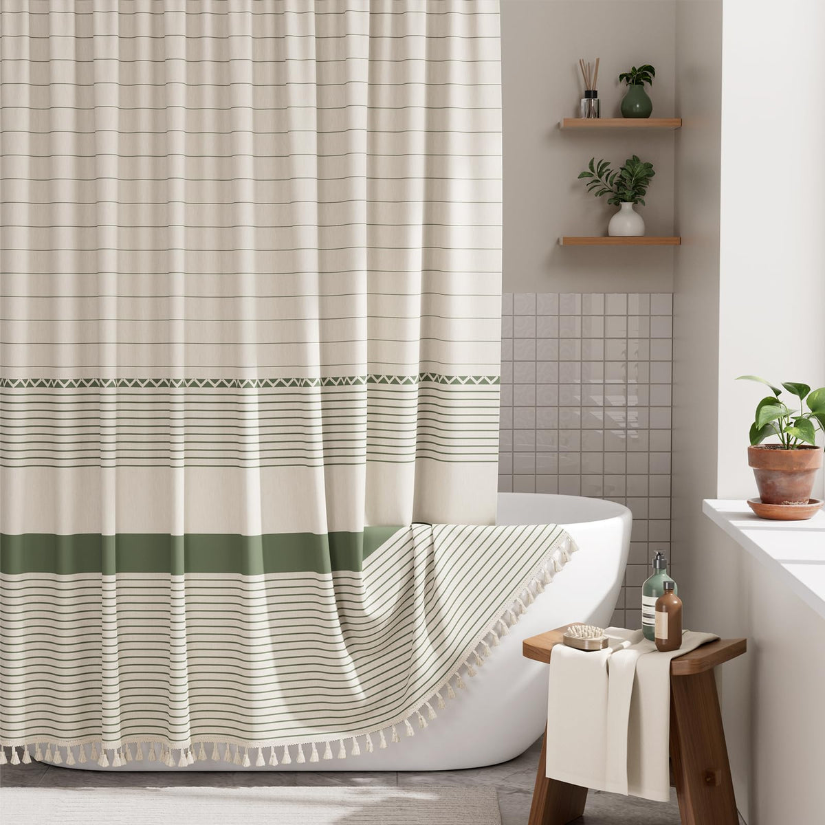 AmazerBath front view showing full curtain and farmhouse style benefit