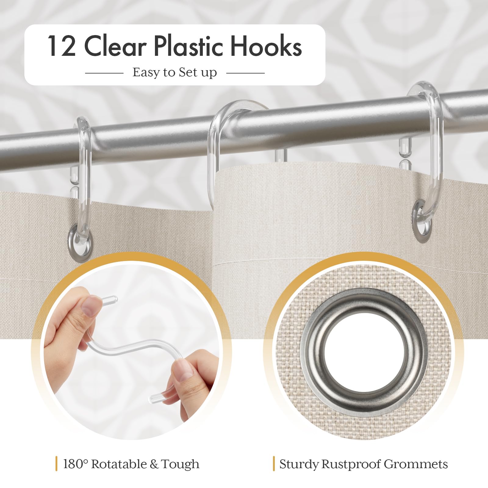 AmazerBath metal grommets and clear hooks showing durability benefit