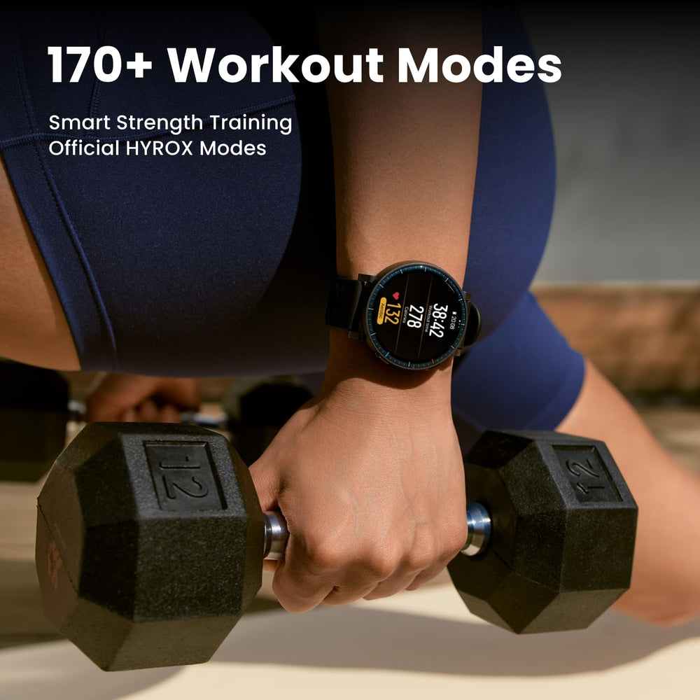 Amazfit Active Max maps and music screen displaying offline navigation and stored tracks