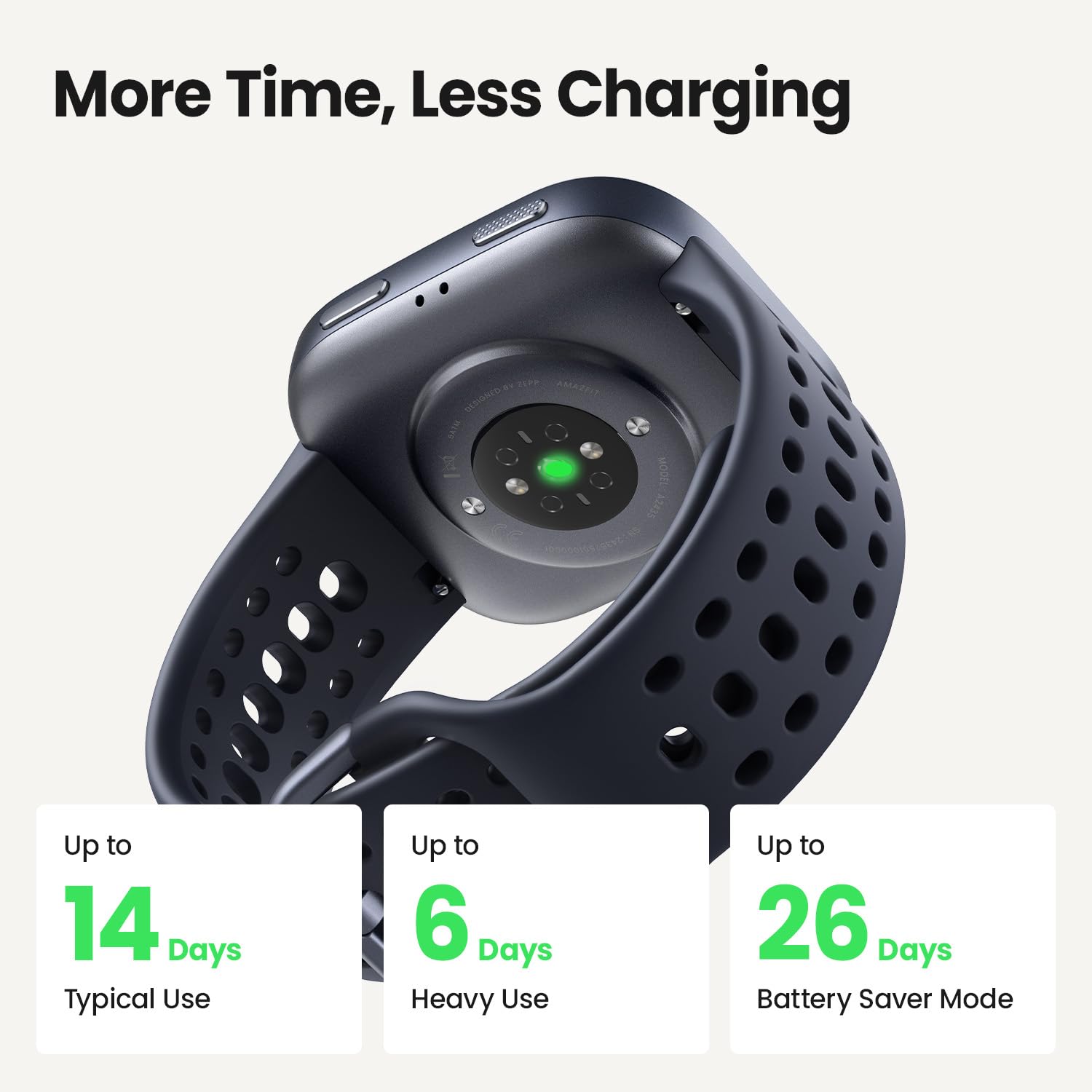 Amazfit Bip 6 back sensors and strap showing comfortable continuous monitoring