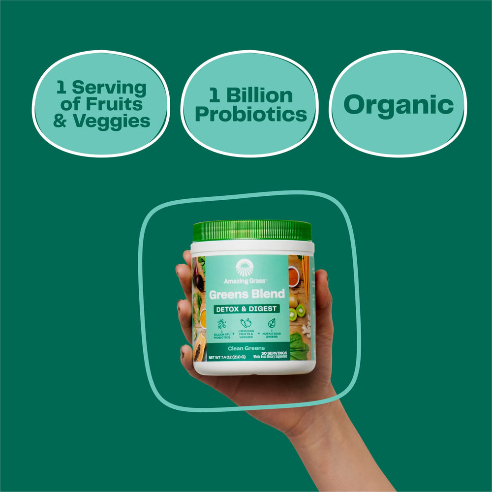 Amazing Grass open container with scoop showing serving size and easy portioning benefit