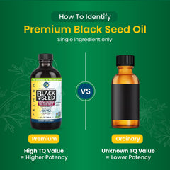 Amazing Herbs nigella sativa seeds beside oil showing source and traceability