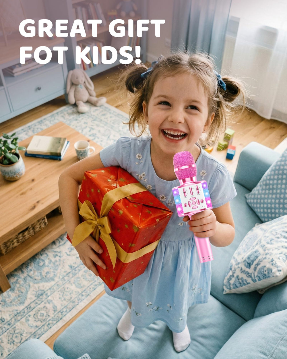 Amazmic microphone in gift-ready packaging in a living-room scene suggesting ideal present
