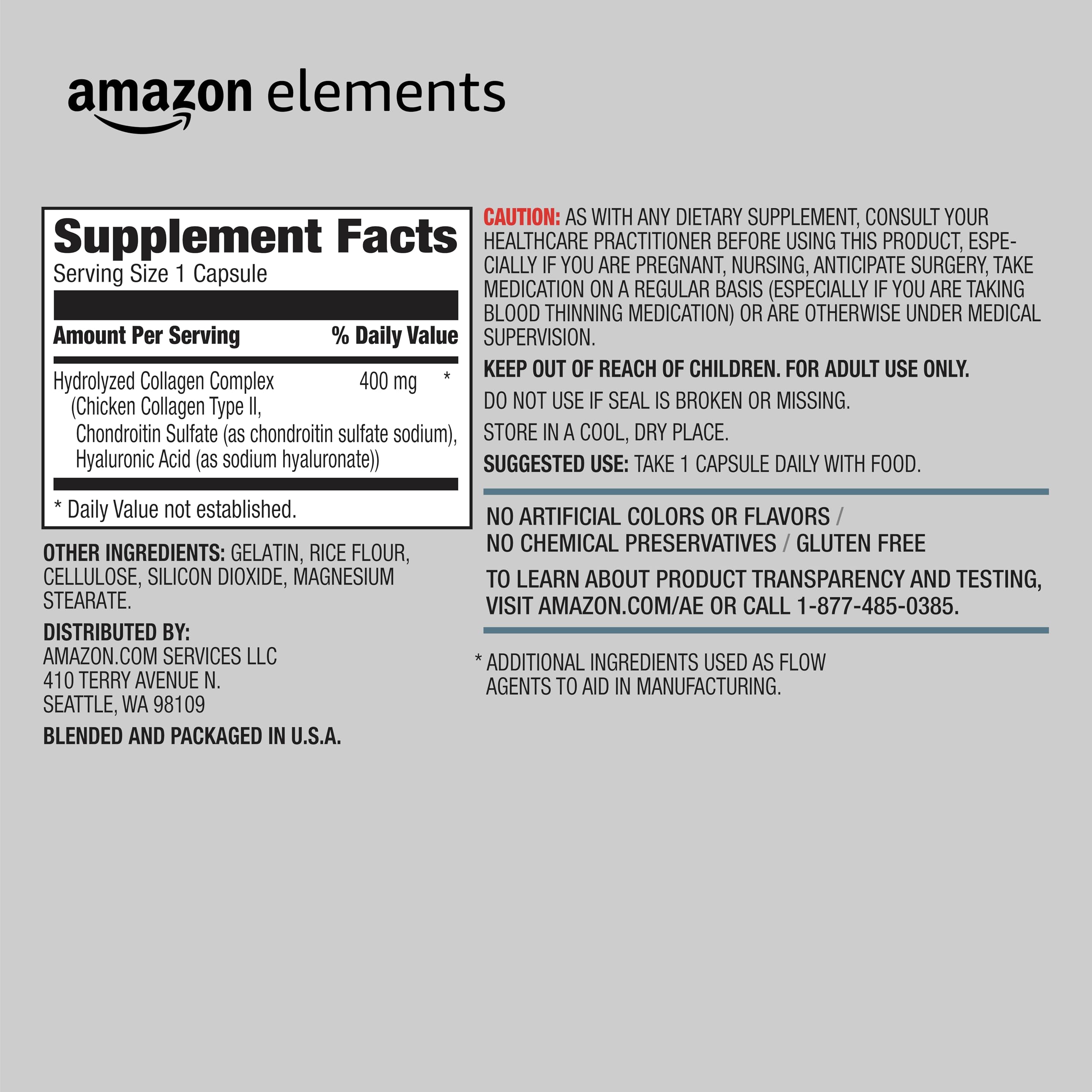 Amazon Elements capsule close-up displaying texture and clear ingredient labeling benefit