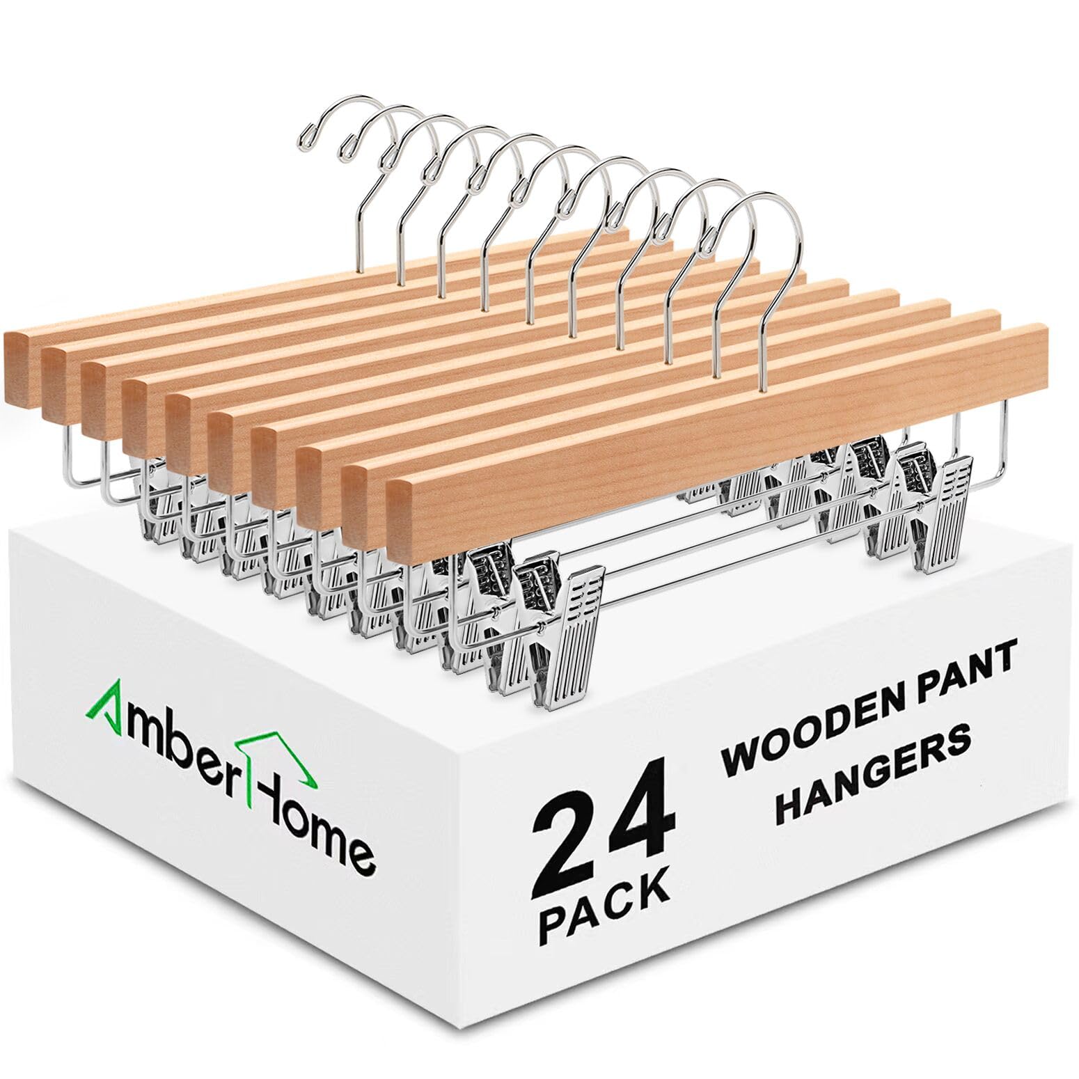Amber Home front view of 24 wooden pants hangers showing uniform finish and compact design