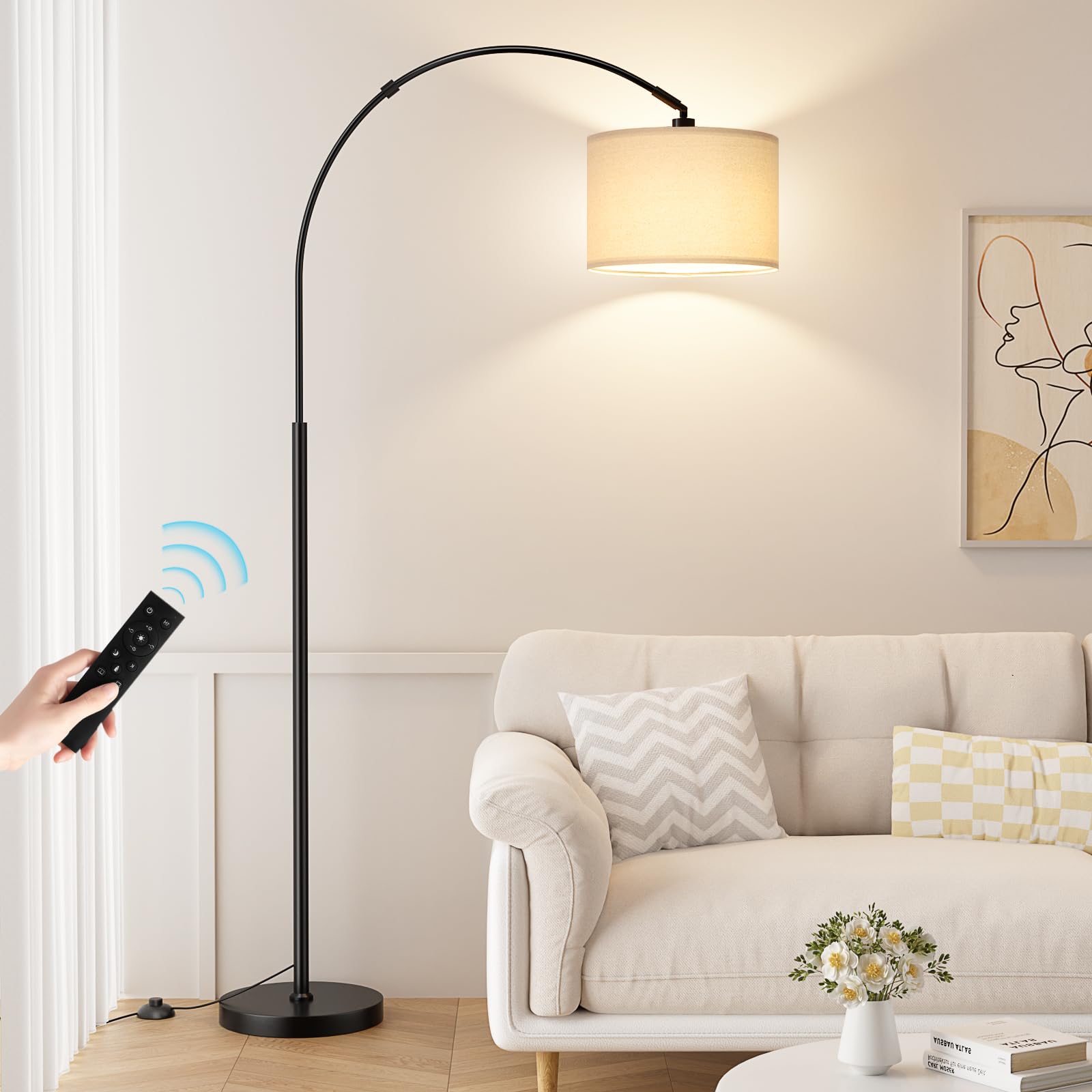 Ambimall arc floor lamp front view showing modern curve and slim profile benefit ambient lighting