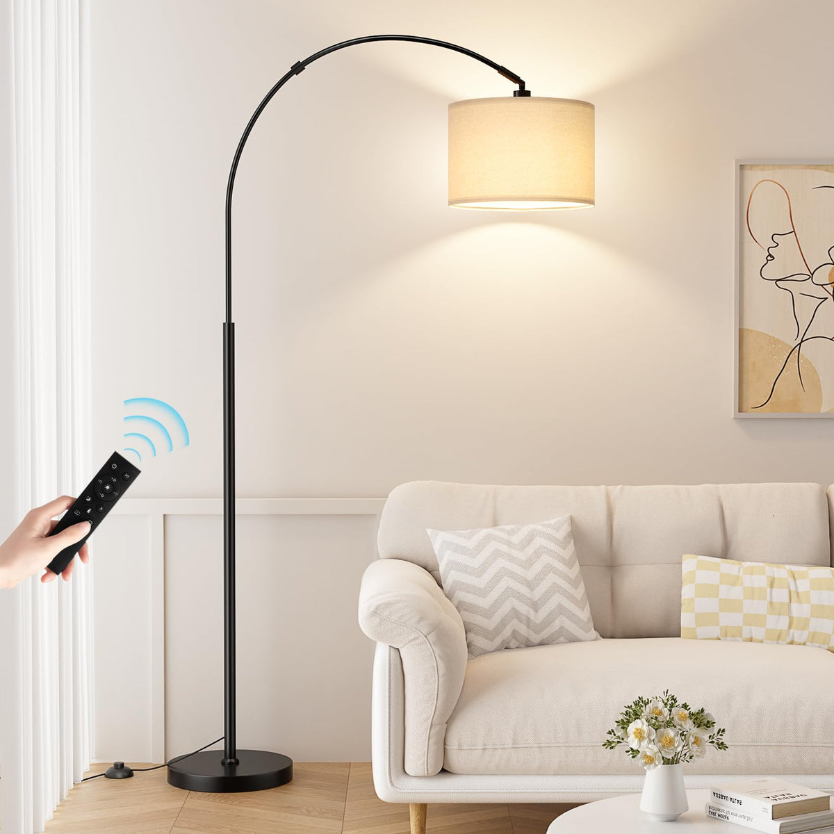 Ambimall arc floor lamp front view showing modern curve and slim profile benefit ambient lighting