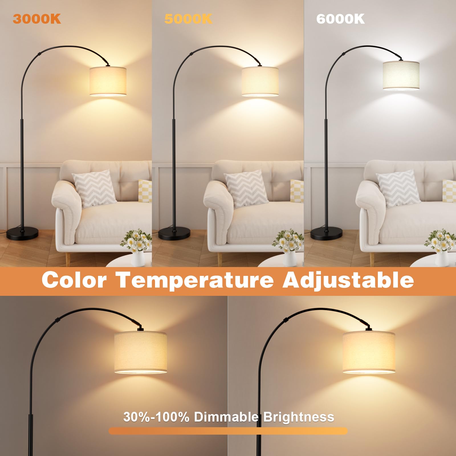 Ambimall lamp arching over sofa in living room creating cozy reading and task light