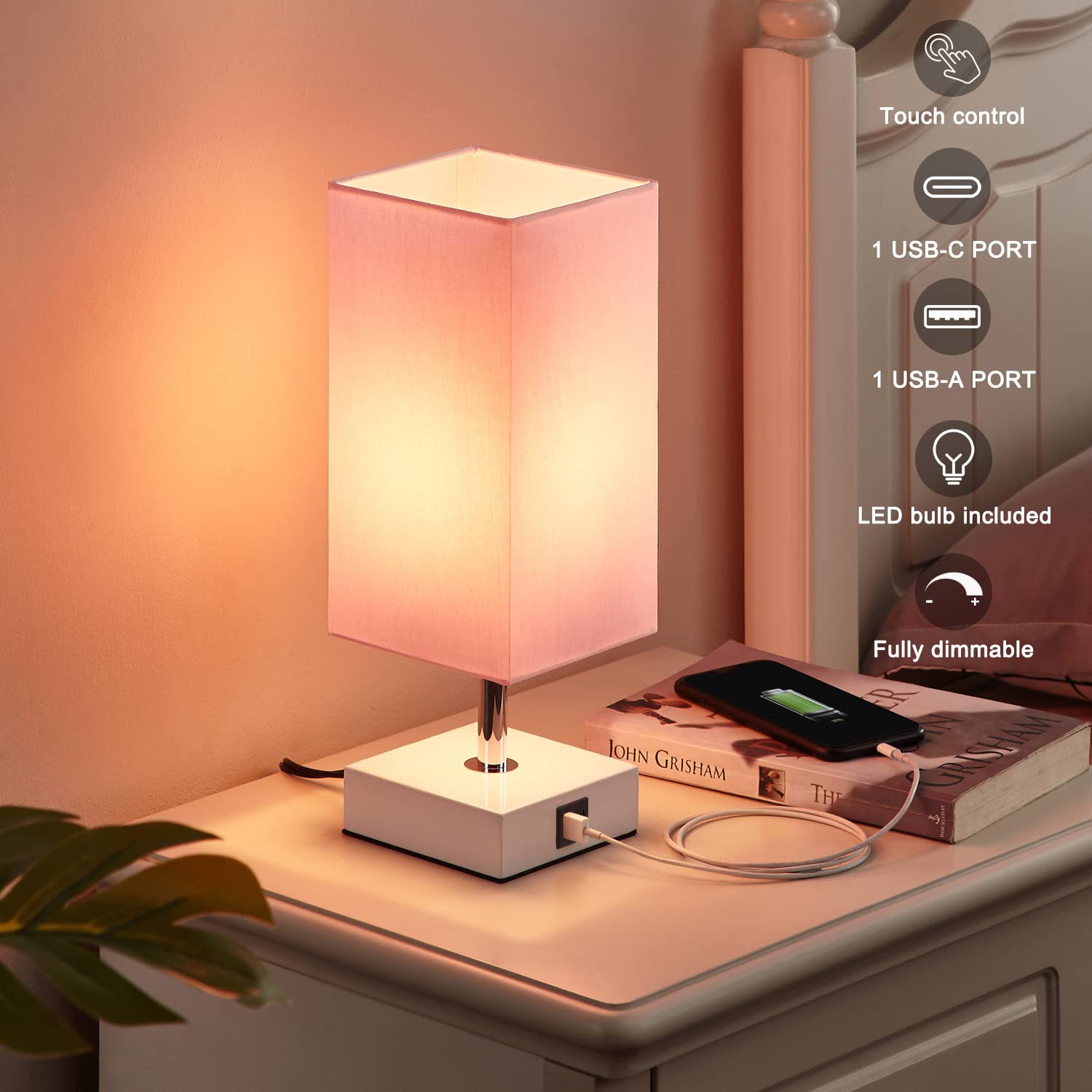 Ambimall pink lamp touch base closeup demonstrating easy tap control benefit