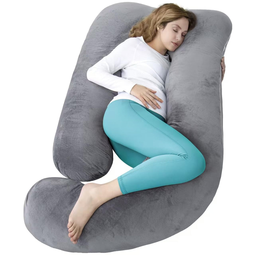AMCATON front view of 60 inch dark grey U-shaped maternity pillow providing full-body support