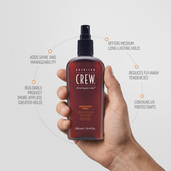 American Crew mist texture close-up showing light spray for buildable, non-crunchy hold