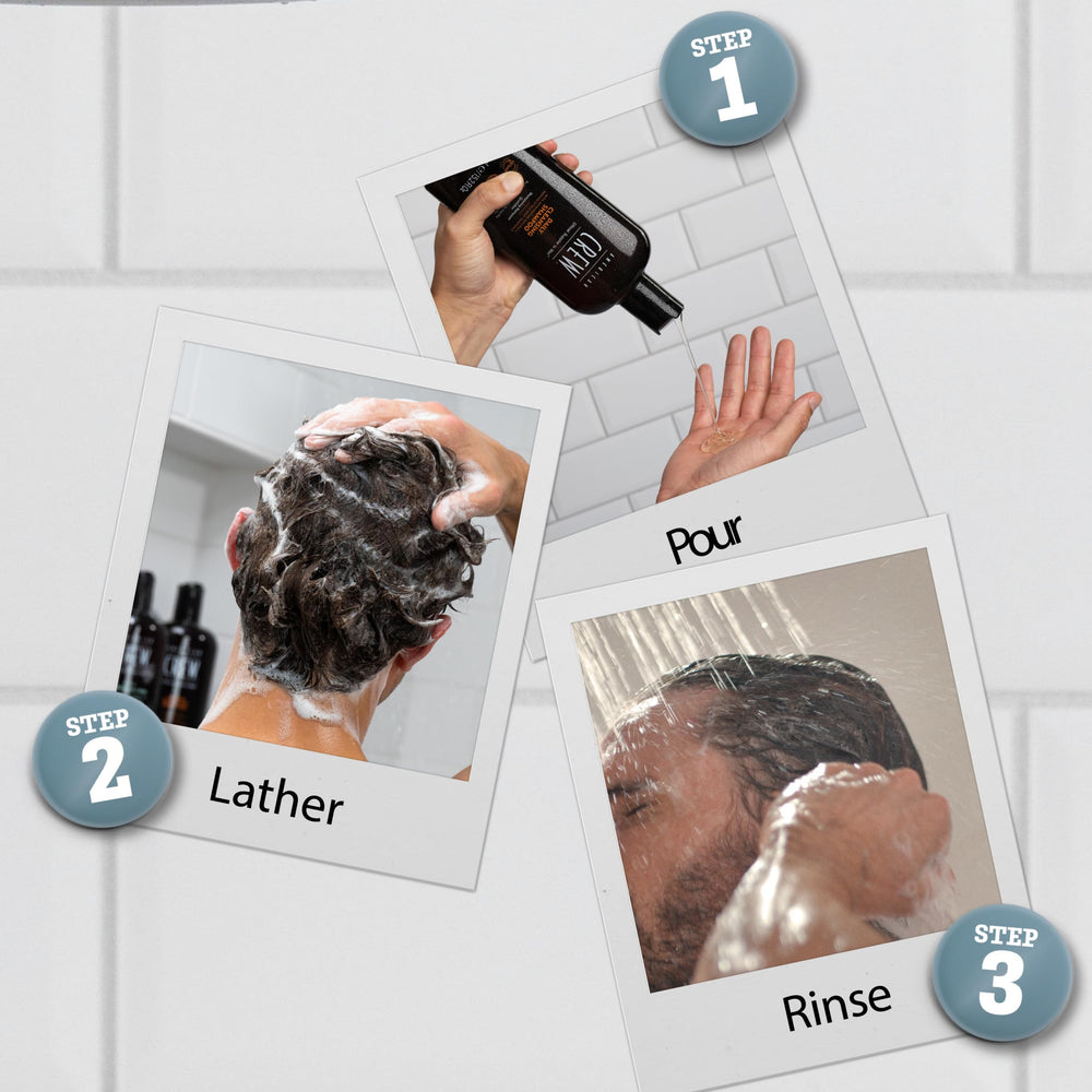 American Crew in-shower application on hair showing cleansing action benefit