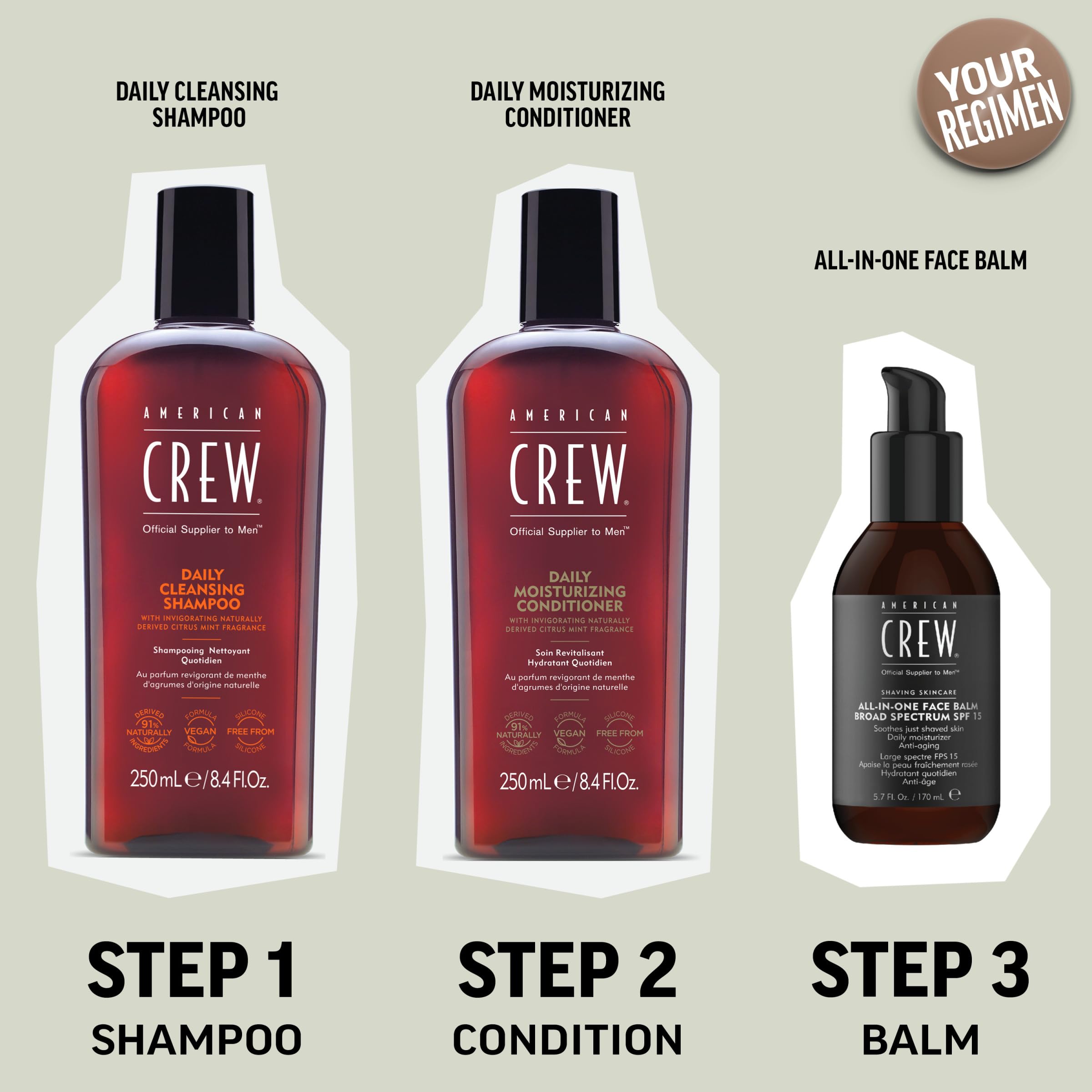 American Crew bottle staged in modern bathroom conveying daily grooming benefit