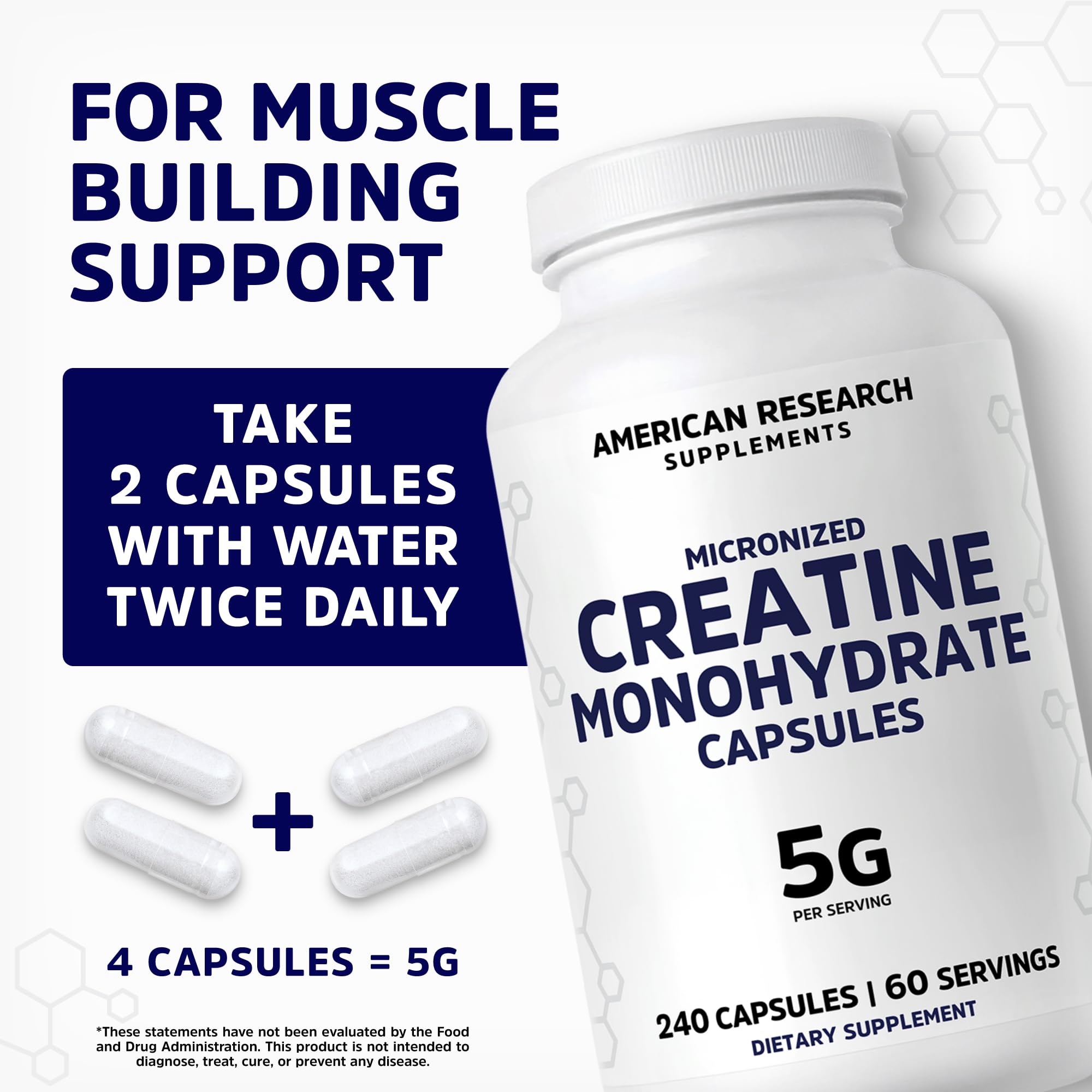 American Research Supplements capsules next to four-count serving visual for convenient dosing