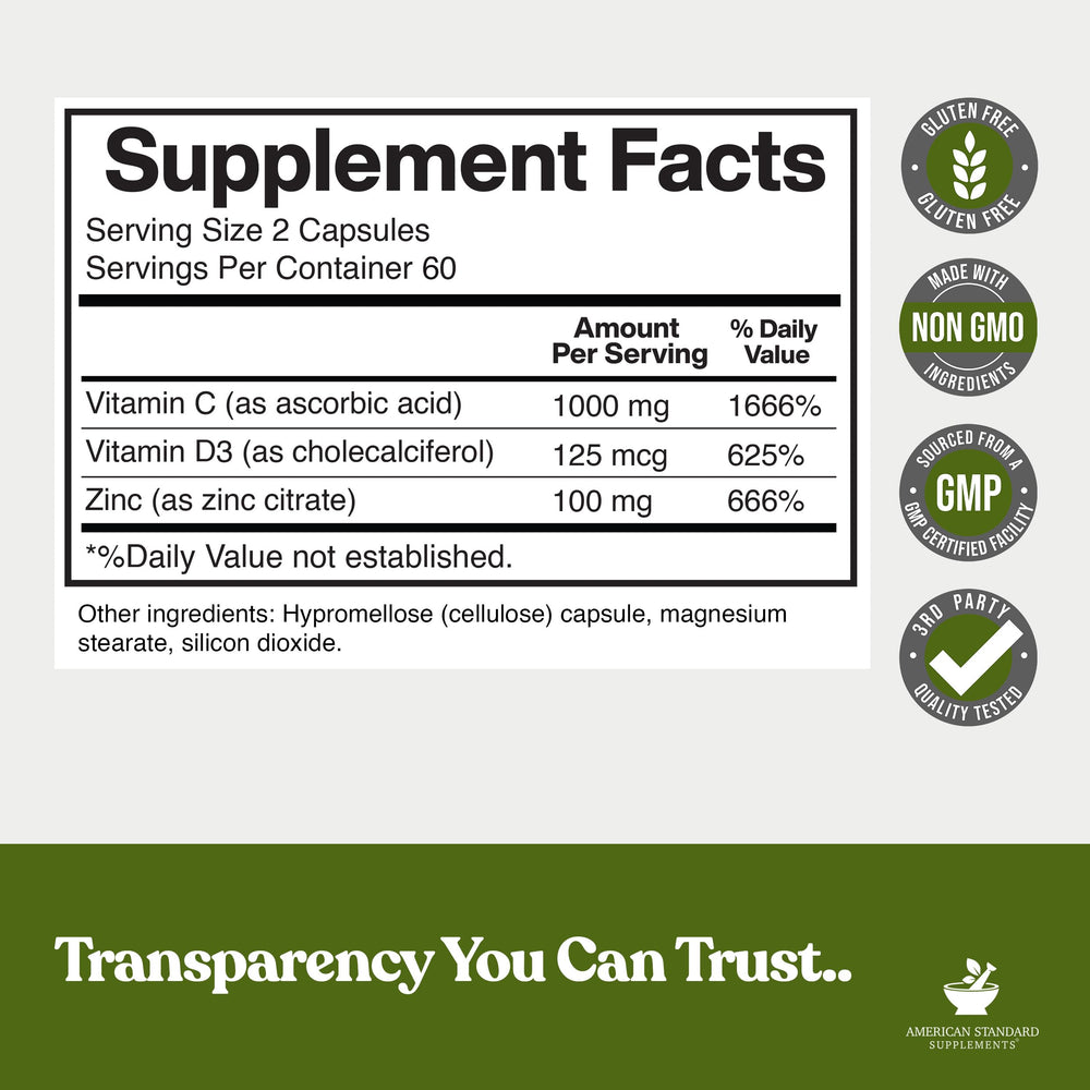 American Standard Supplements label close-up with clear ingredient amounts and dosing