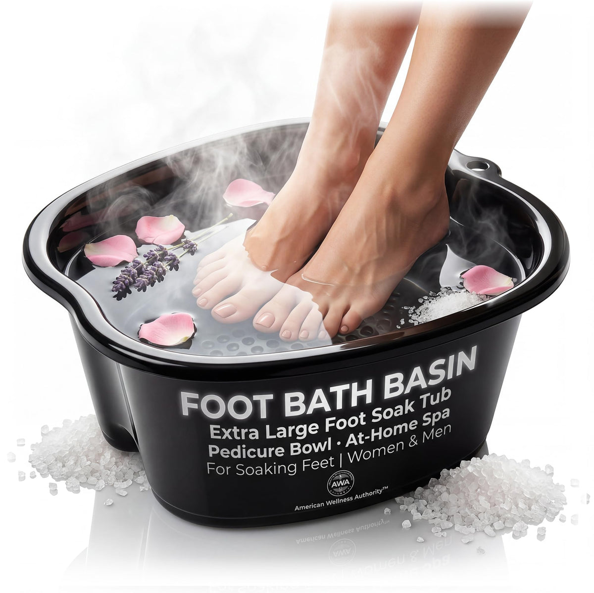 American Wellness Authority front view of extra large black foot soaking tub showing sturdy build and capacity