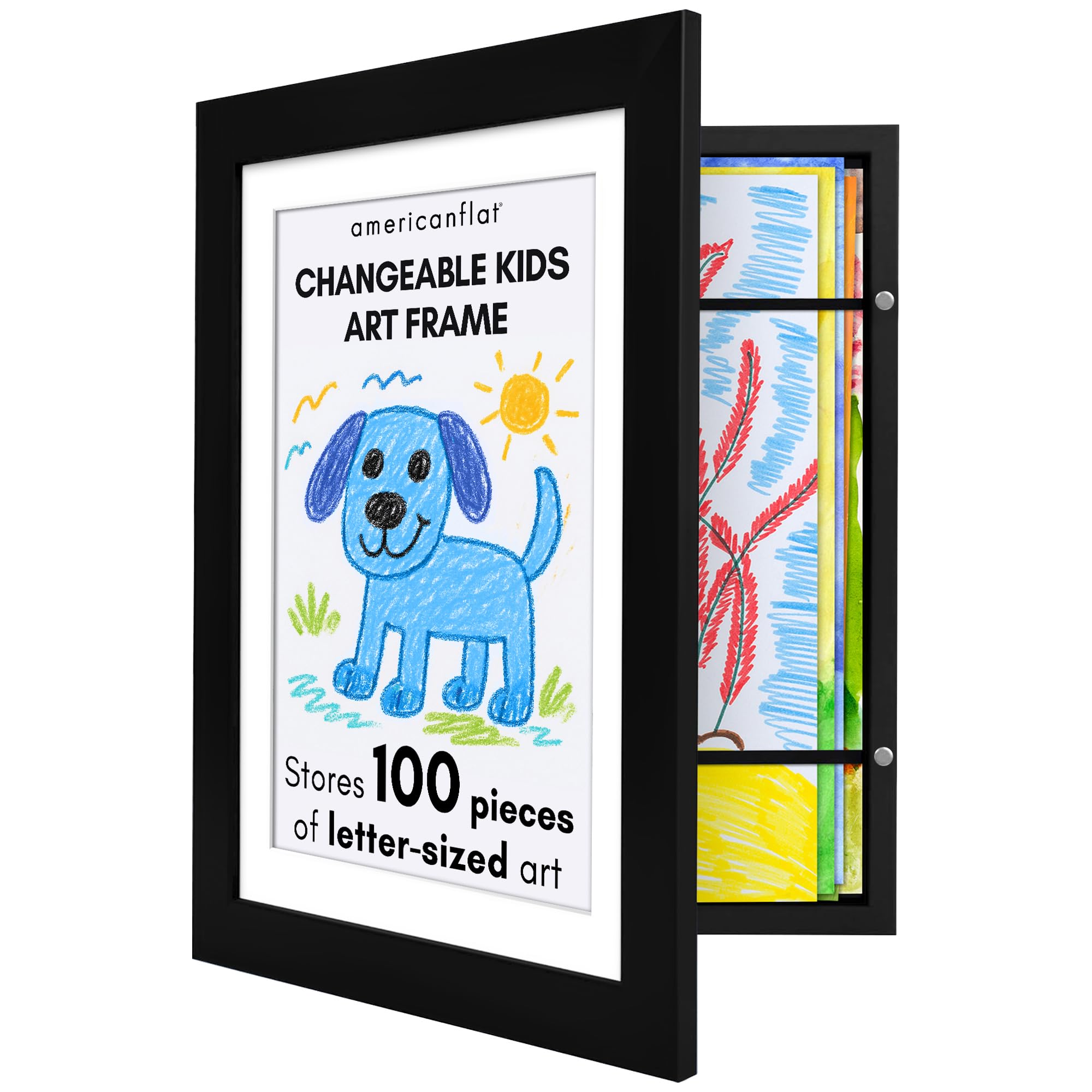 Americanflat front view showing framed kids artwork and polished black molding benefit display