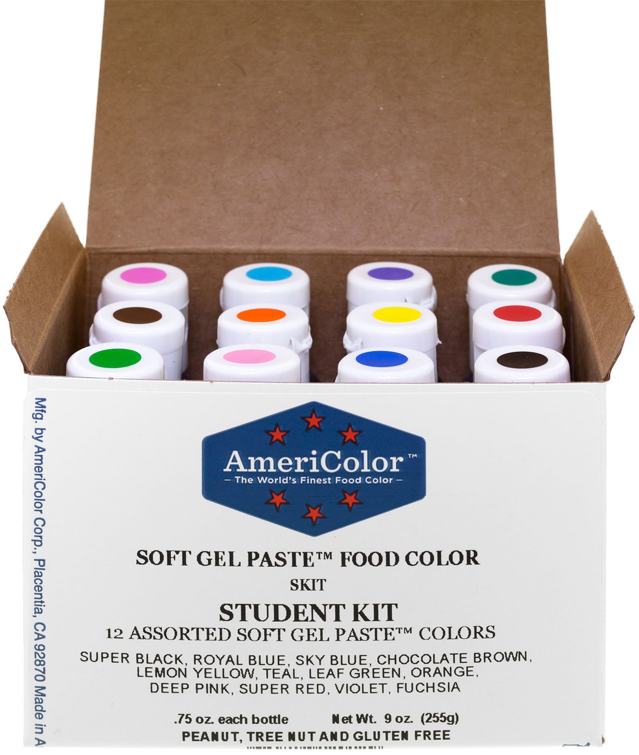 AmeriColor Student kit front packaging showing all 12 bottles and color labels for quick selection