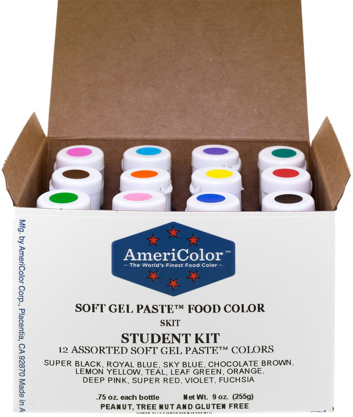 AmeriColor Student kit front packaging showing all 12 bottles and color labels for quick selection