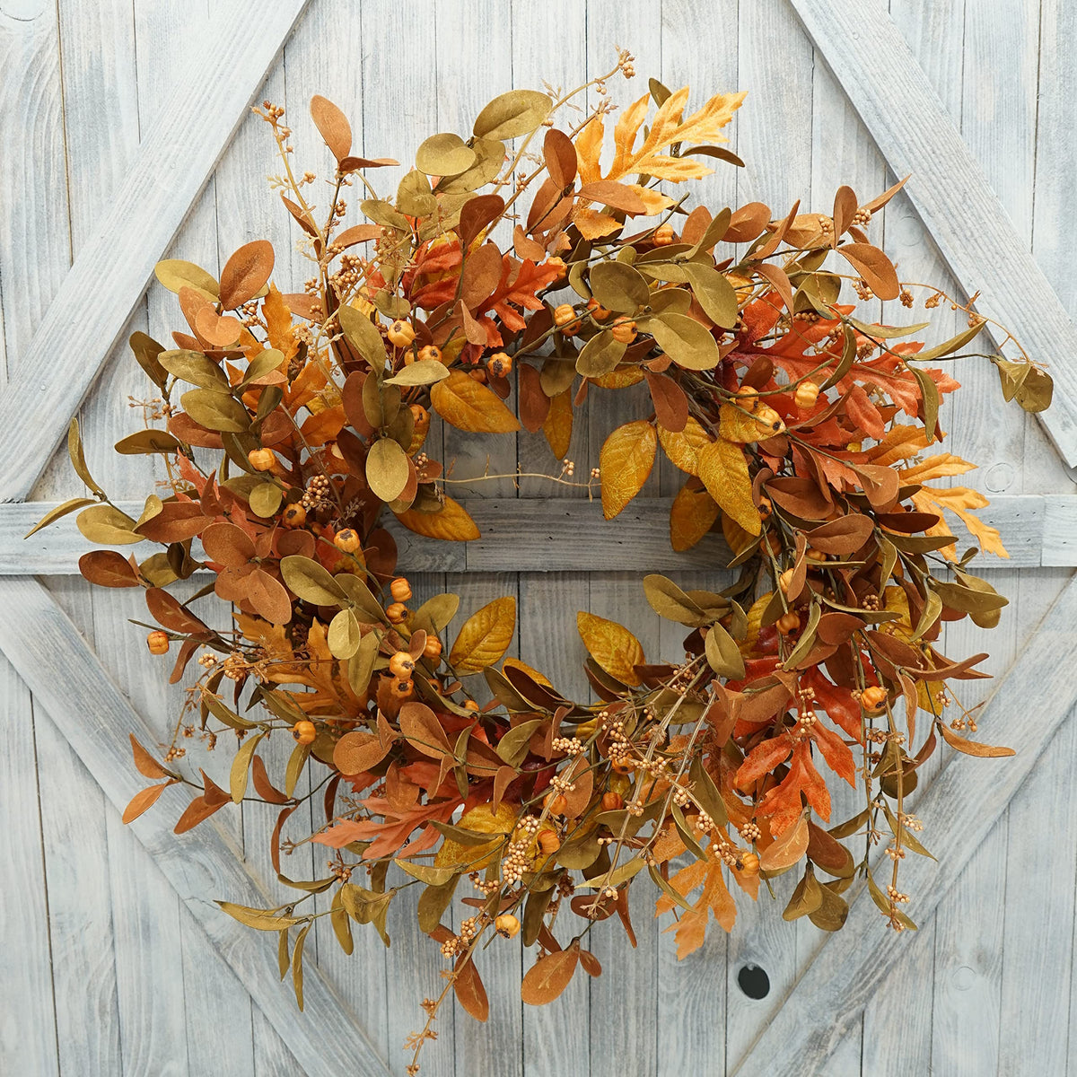 AMF0RESJ front view wreath showing warm autumn entryway welcome benefit