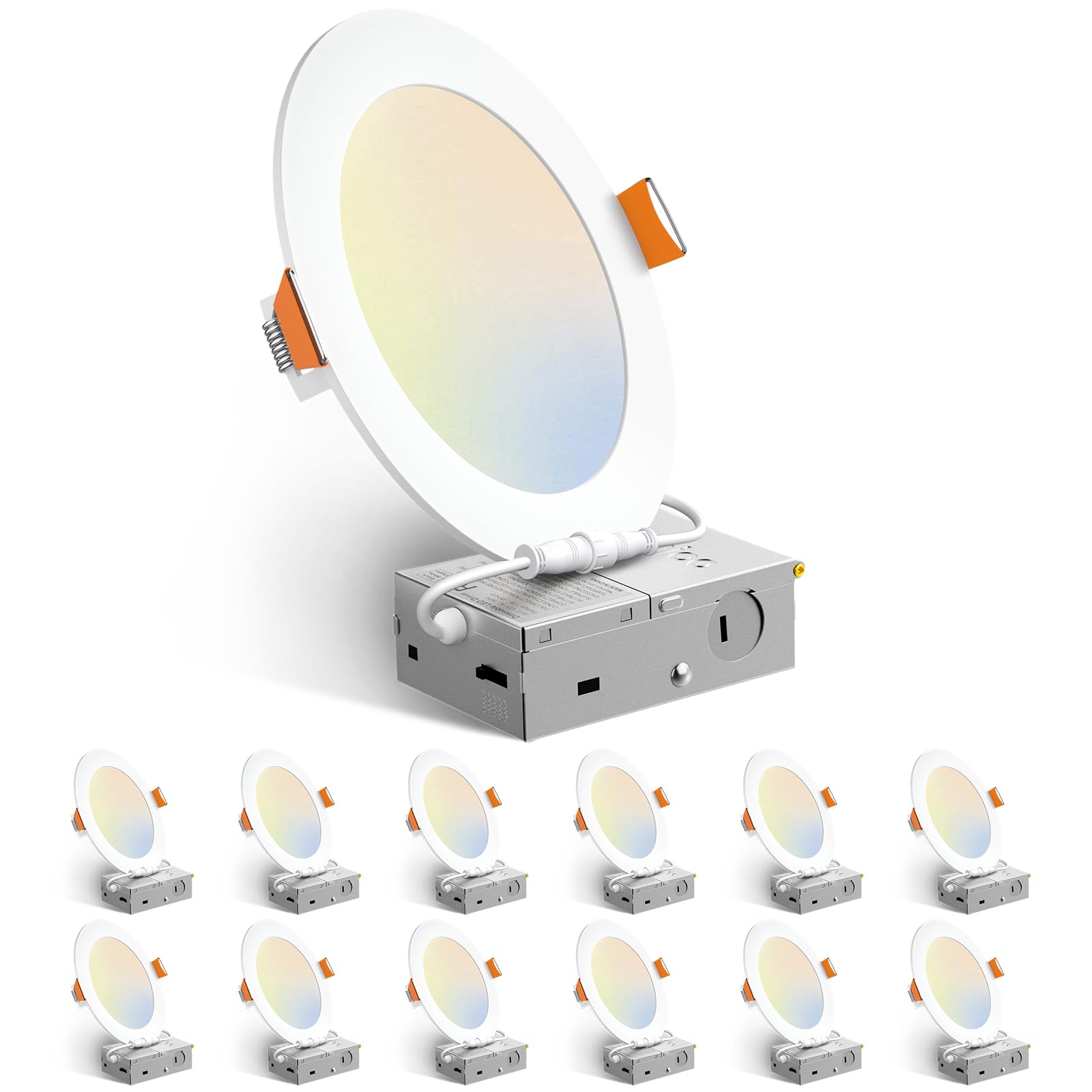 Amico front view of 6-inch downlight showing clean white trim and even glow benefit