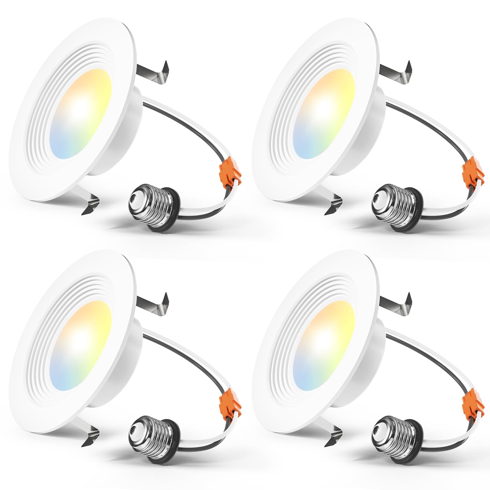 Amico front view of 4-inch retrofit can lights showing white trim and clean finish for upgraded ceilings