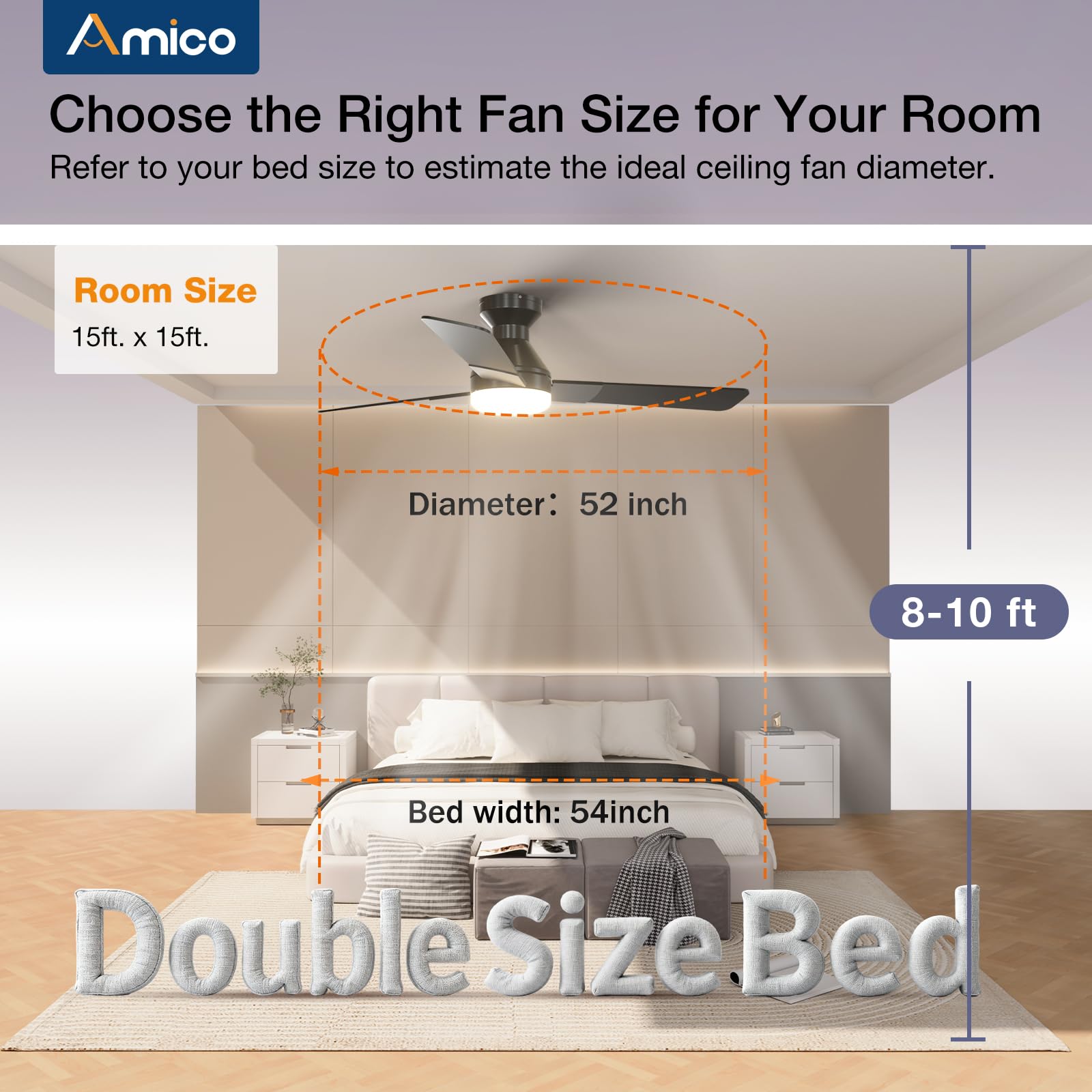 Amico fan size comparison with chair to illustrate 52-inch scale