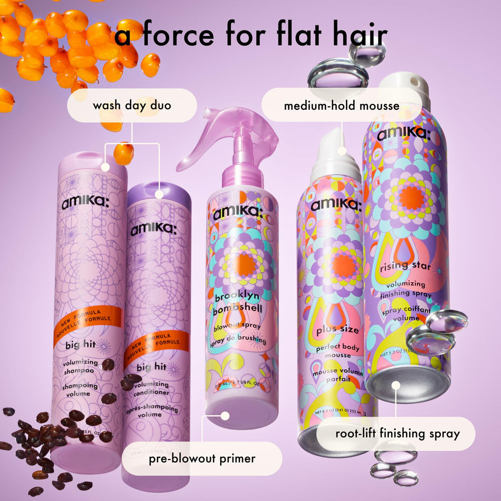 amika bottle paired with Big Hit shampoo showing system use for enhanced volume