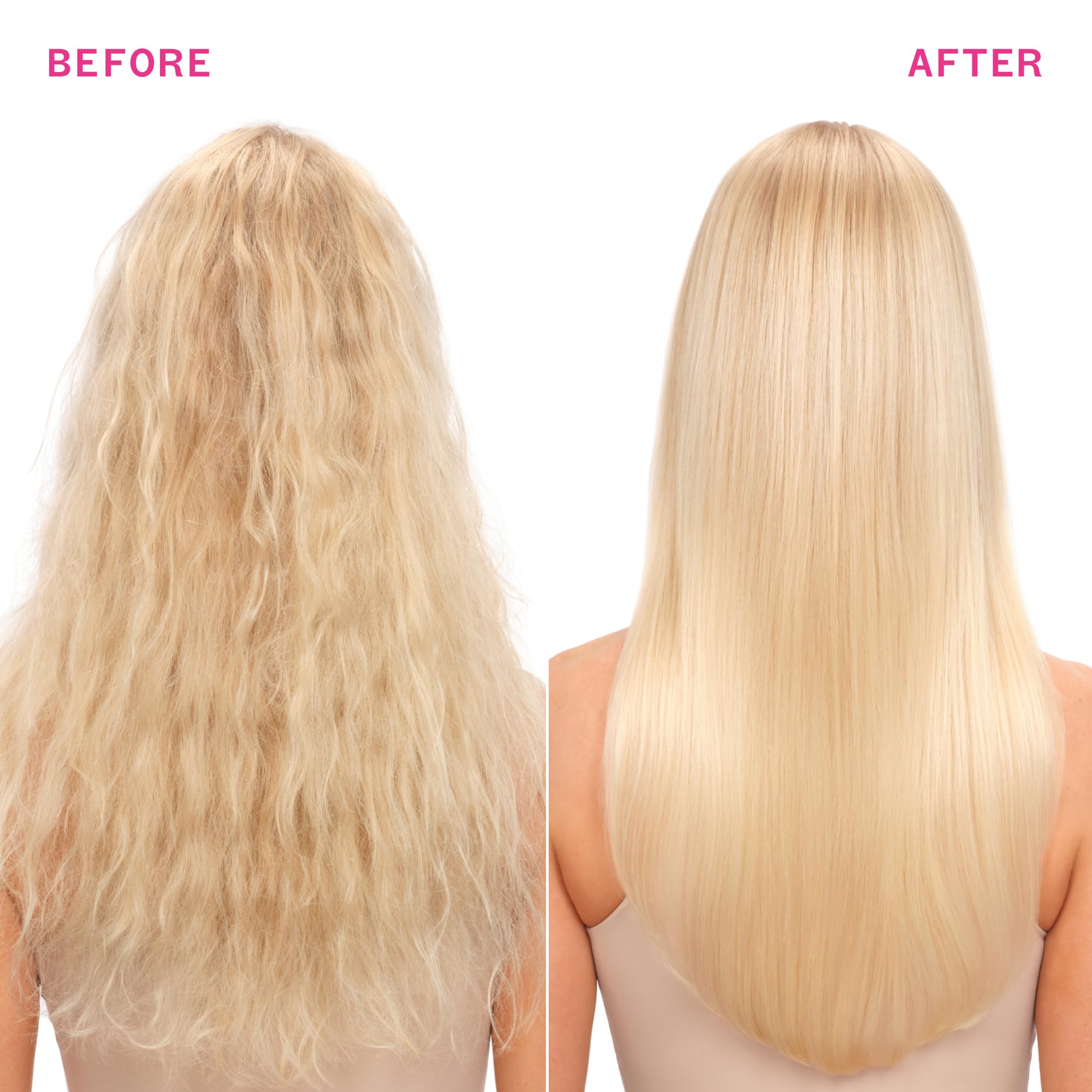 Amika before and after hair panel illustrating frizz reduction and improved shine
