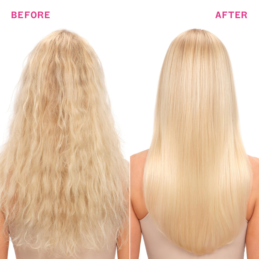 Amika before and after hair panel illustrating frizz reduction and improved shine