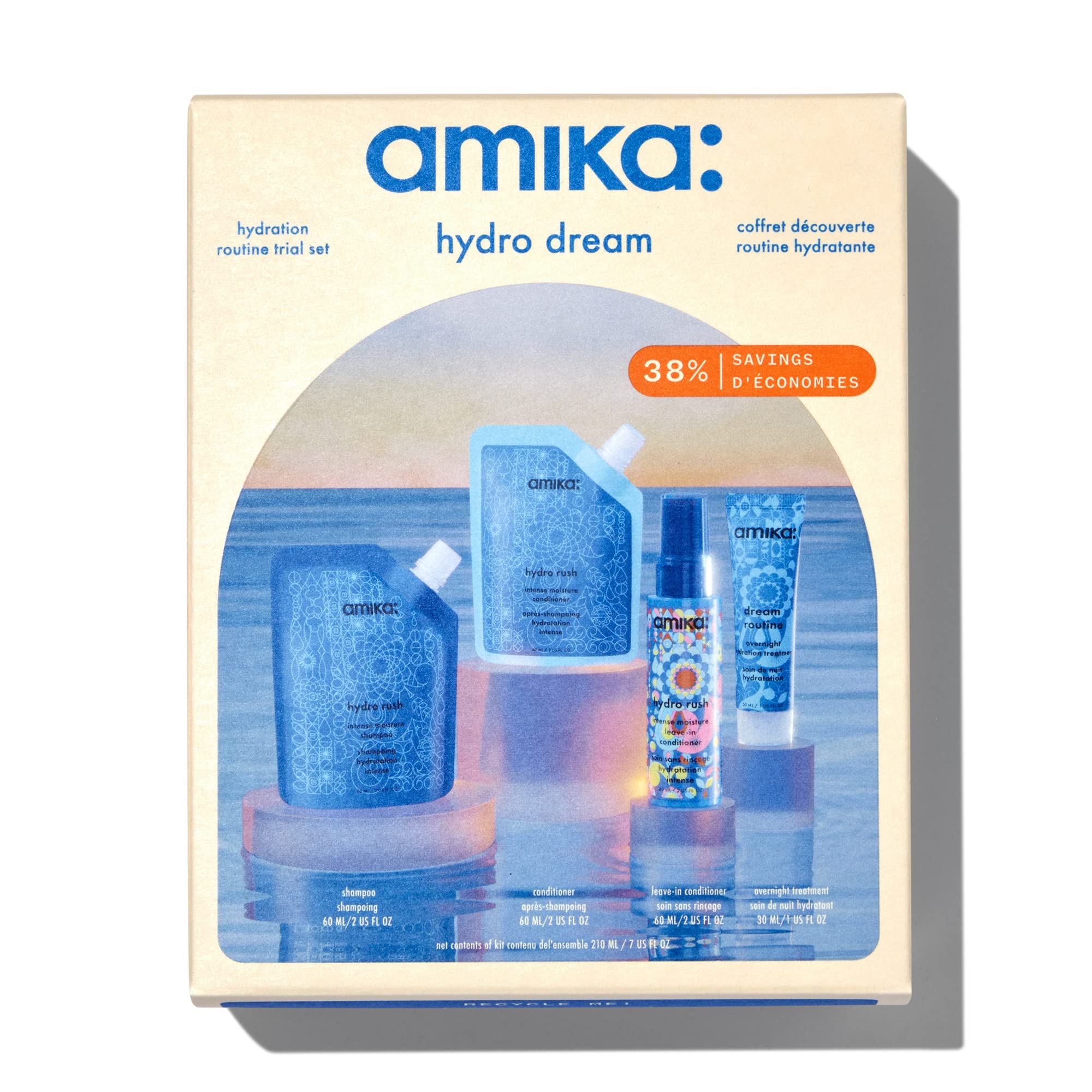Amika front packaging showing full trial kit and clear hydration benefits