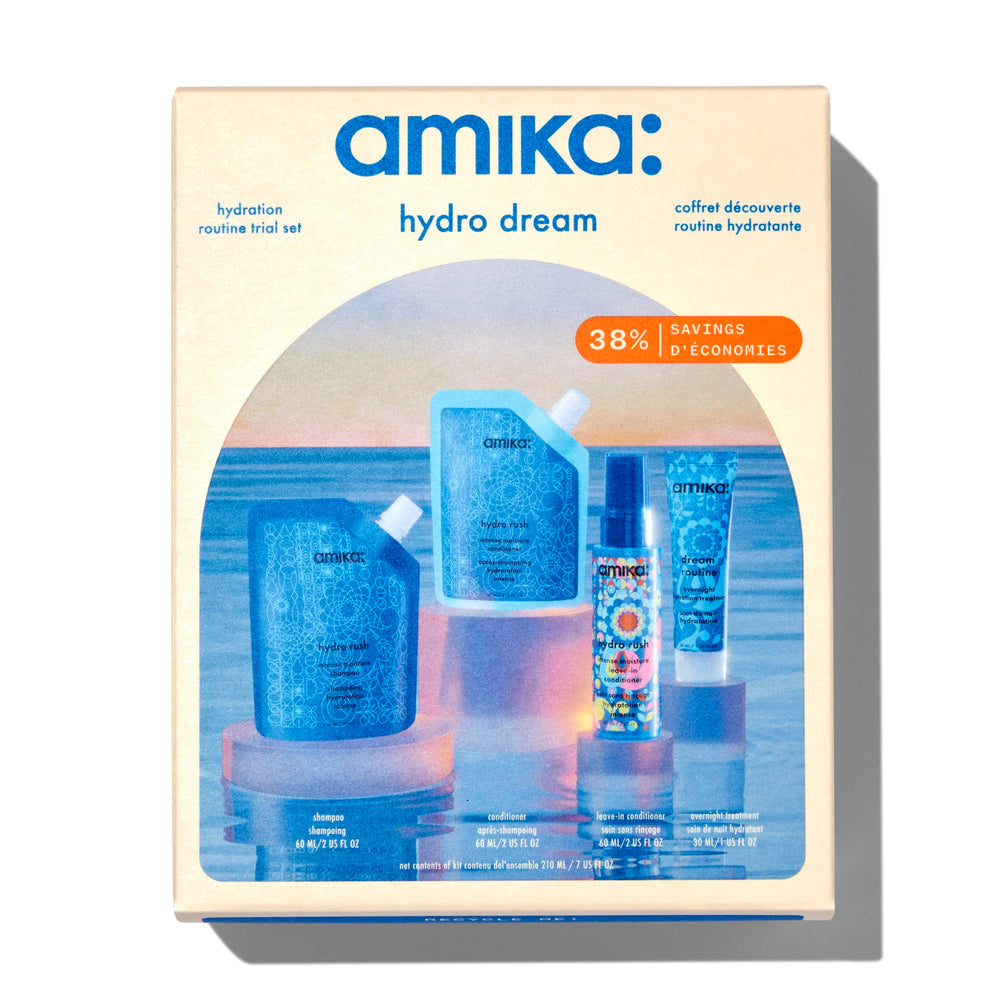 Amika front packaging showing full trial kit and clear hydration benefits
