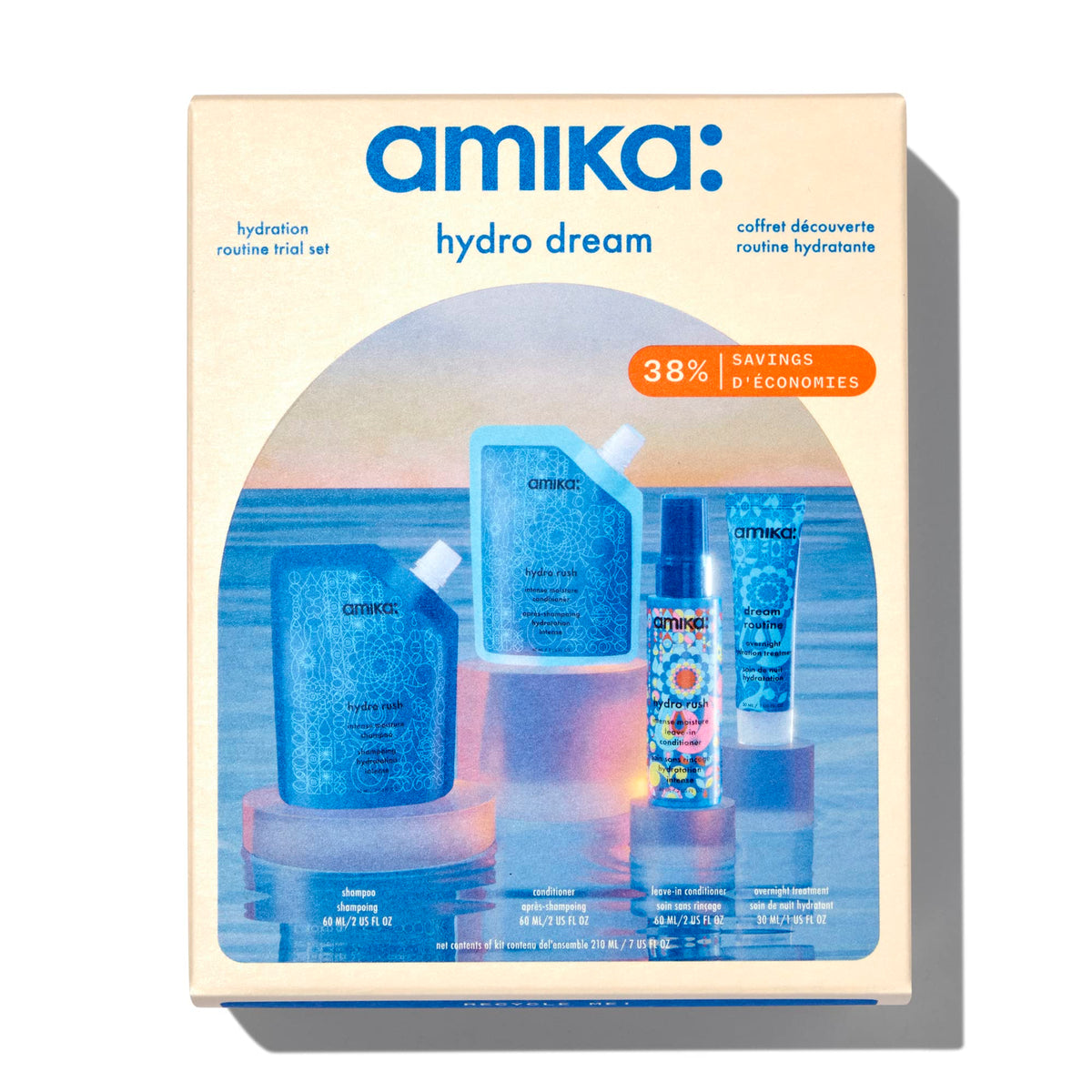 Amika front packaging showing full trial kit and clear hydration benefits