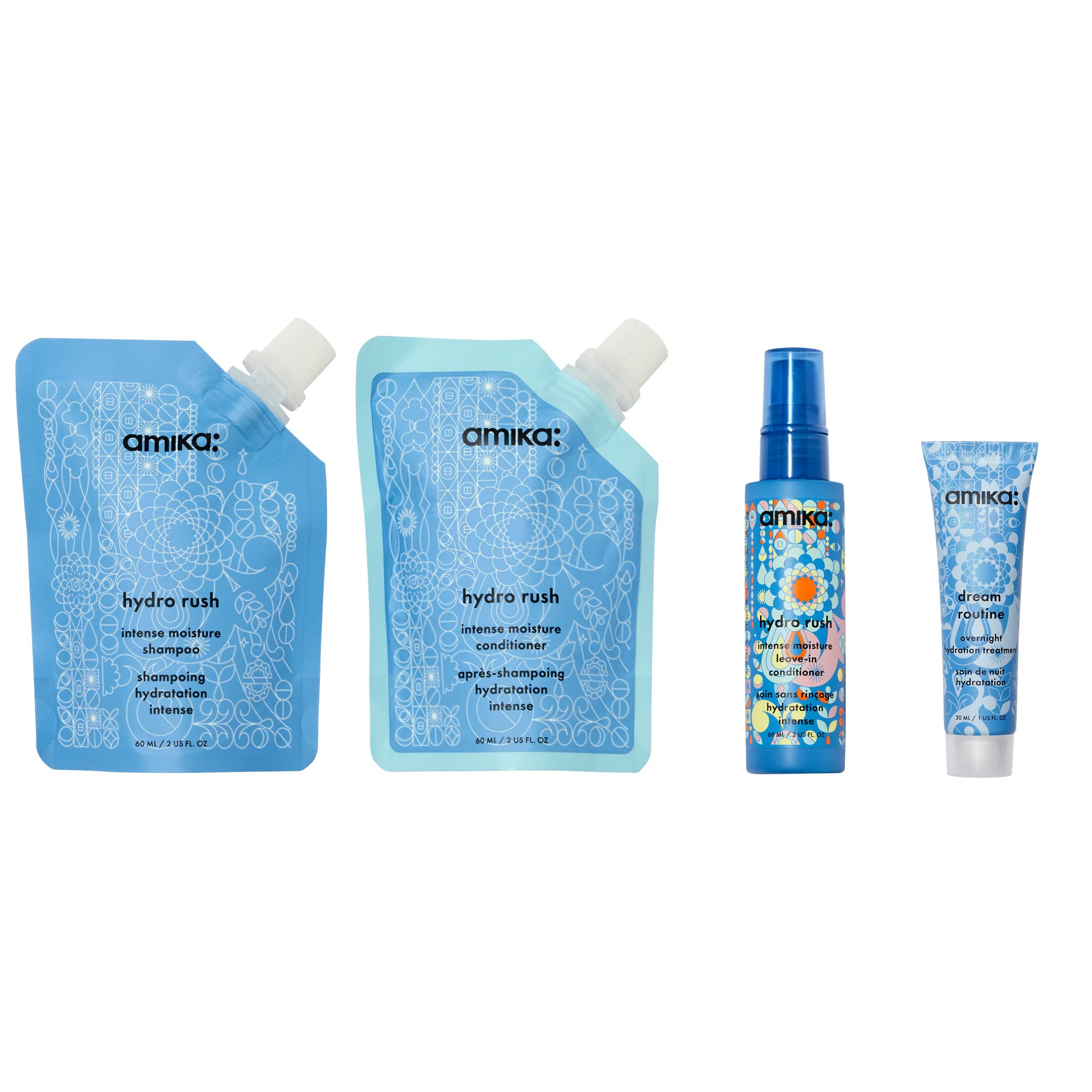 Amika Hydro Rush shampoo pump close-up showing easy dispensing for travel